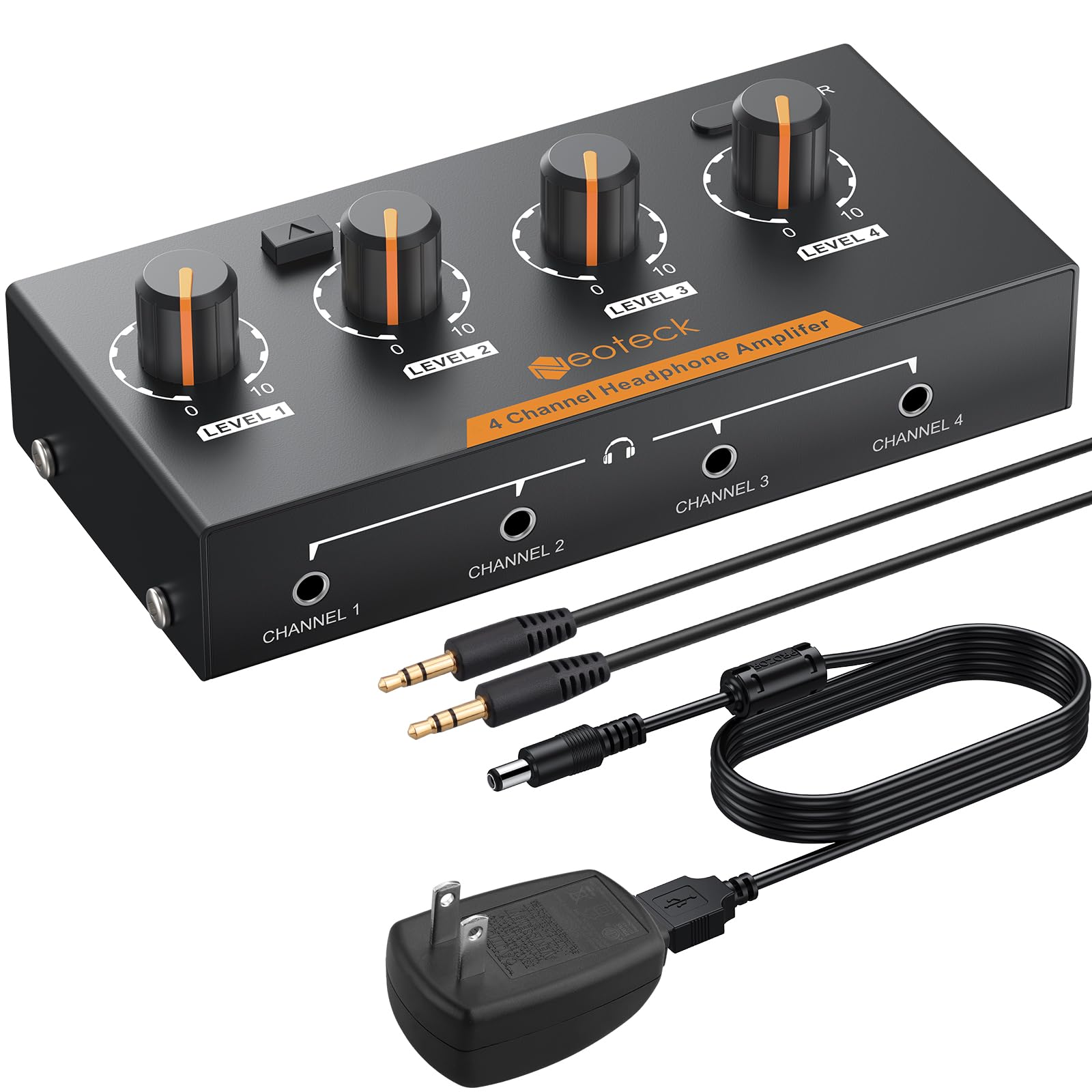 Neoteck 4 Channel Stereo Headphone Amplifier with Volume Control 4 Channel Audio Mono/Stereo Amplifier in Metal with 3.5mm Audio Cable Suitable for Recordings/Mixing/Musical Practices