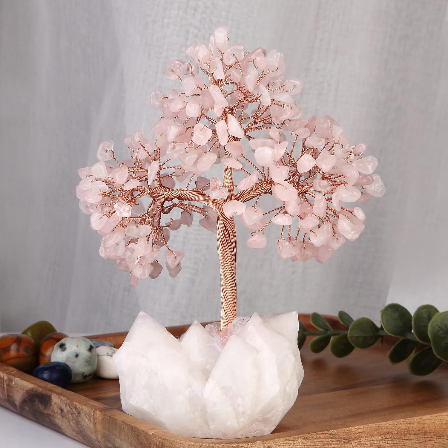 Nupuyai Rose Quartz Crystal Money Tree with Rock Crystal Cluster Base - Image 4