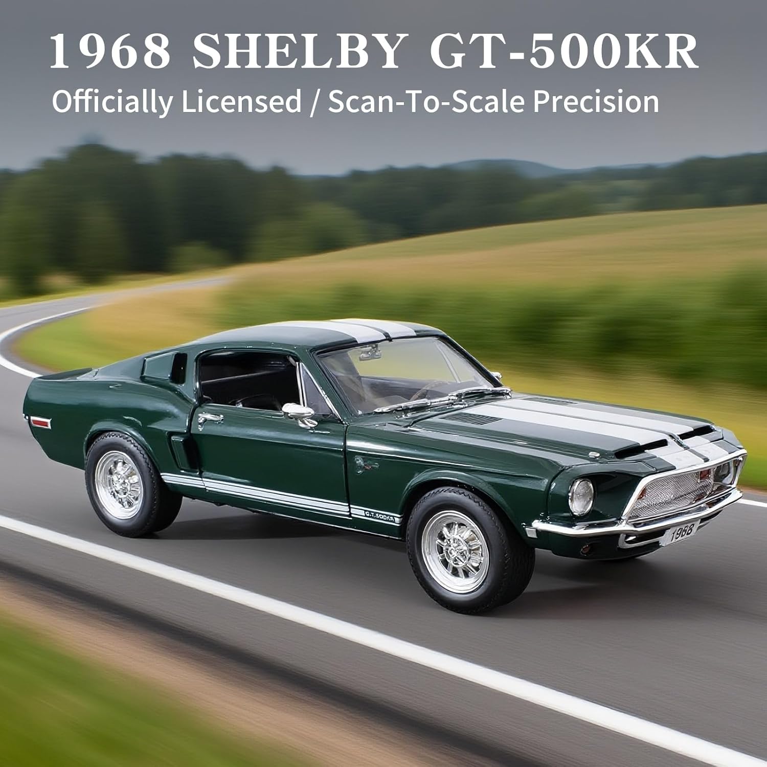 Shelby 1968 GT-500KR 1:18 Diecast Model Car - King of The Road, Opening Doors, Steering Linkage | Premium Gift Box, Man Cave Decor | Ages 14+,Green - Image 2