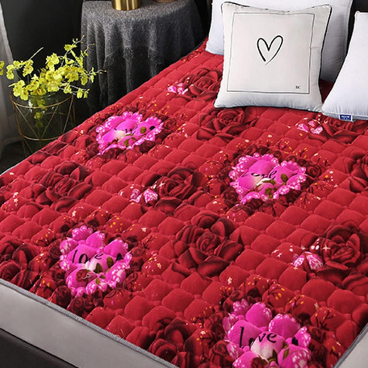 Mattress Pad Flannel Moisture Absorbing Double Size Washable Comfortable to Sleep on Futon (Red 90 x 190 cm)