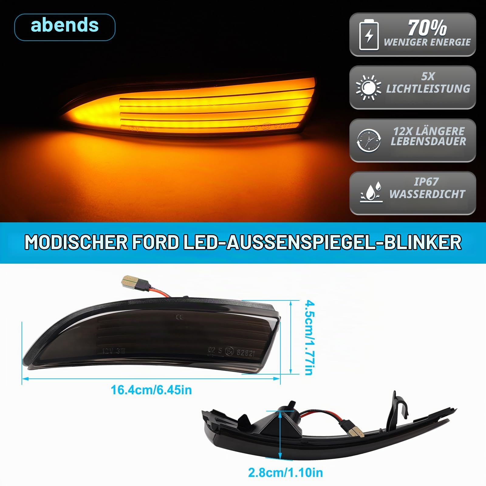 POPMOTORZ LED Spiegelblinker Blinker für Ford Fiesta Fiesta Mk7 B-Max mit Canbus Fehlerfrei 2835 SMD Schwarz, 2 Stück