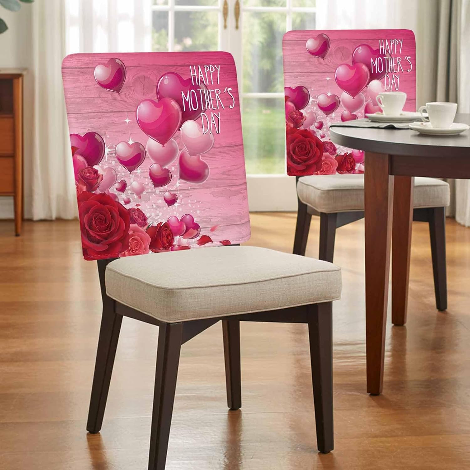 Happy Mother's Day Dining Chair Back Covers Set of 8, Pink Love Flower Balloon Wooden Stripes Stretchable Chair Slipcover Removable Seat Covers Chair Protector for Wedding Party Banquet