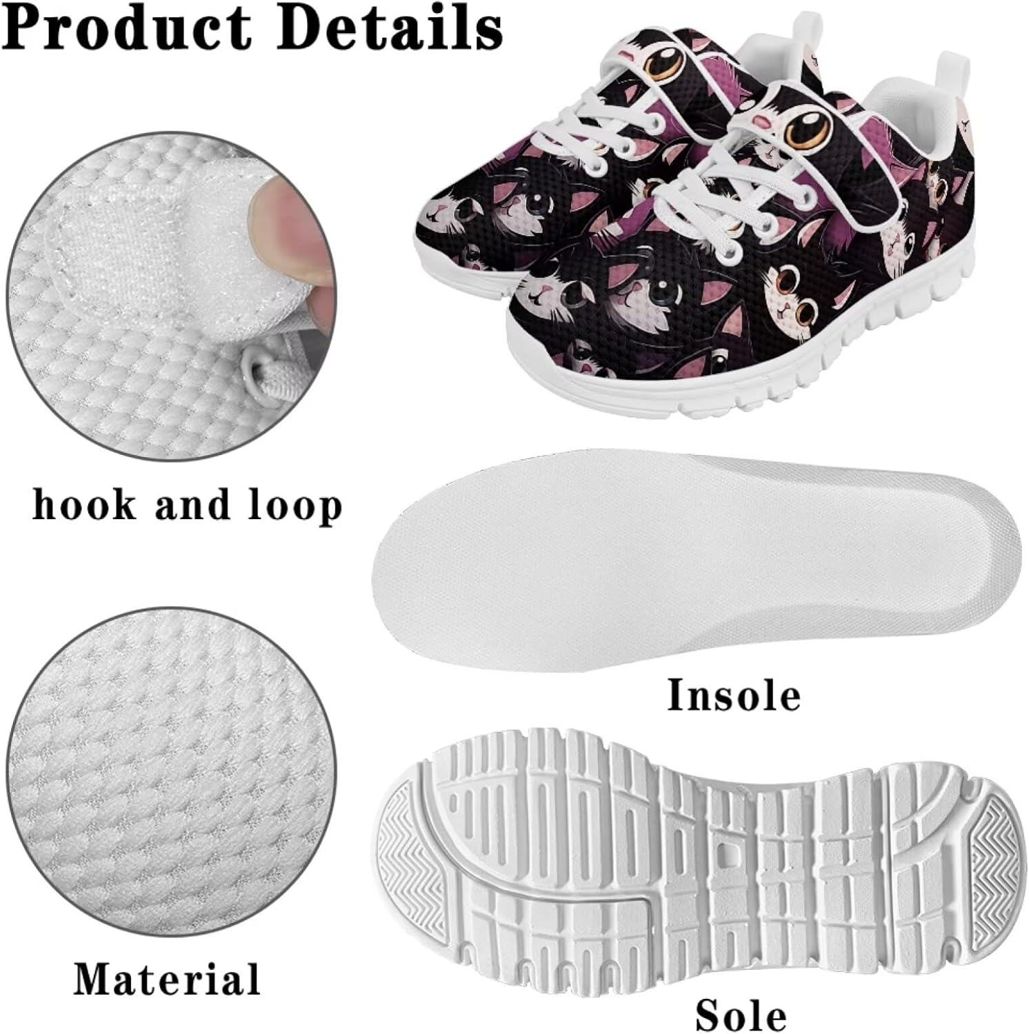 Toddler Boys & Girls Shoes Kids Canvas Sneakers with Cartoon Big-Eyed Cat Adjustable Hook-and-Loop