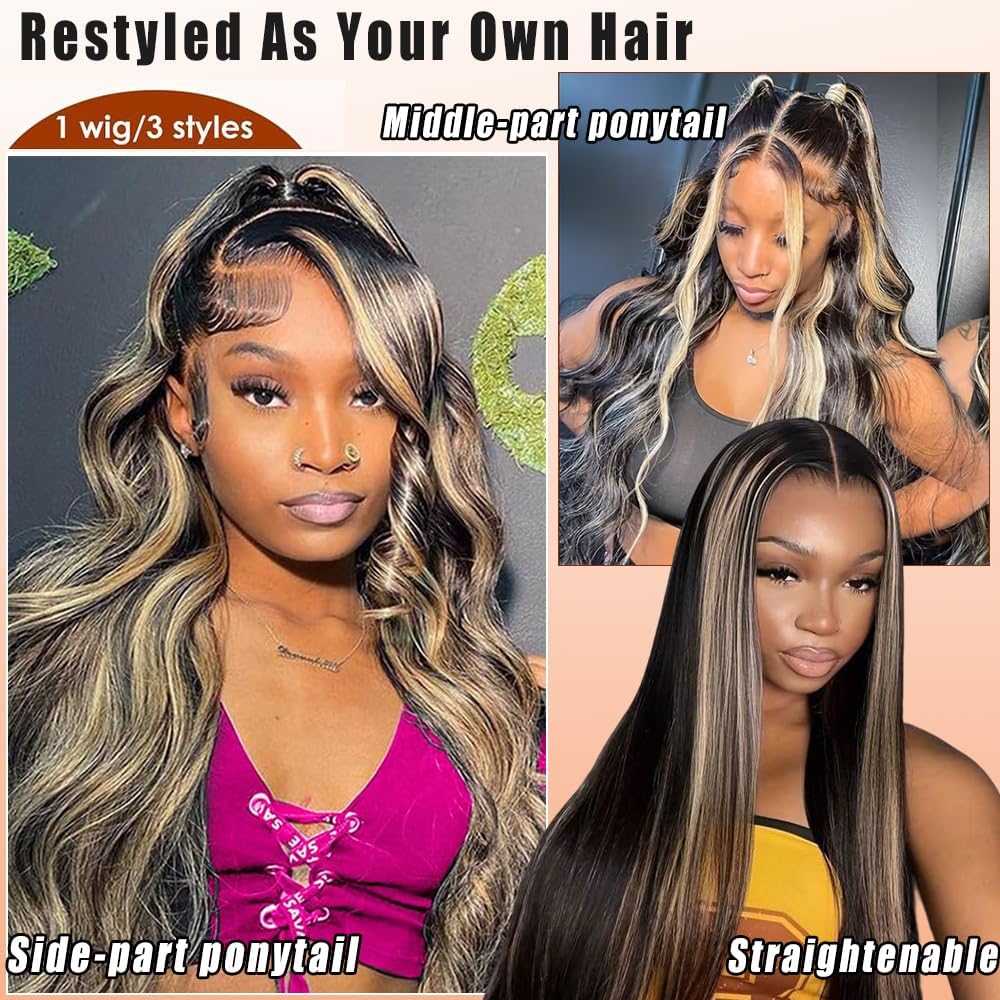 Ombre Highlight 13X6 Body Wave Lace Front Wigs Human Hair FB/27 Brown Colored HD Transparent Lace Frontal Wigs Pre Plucked 180% Density 30 Inch Balayage Glueless Wig for Women