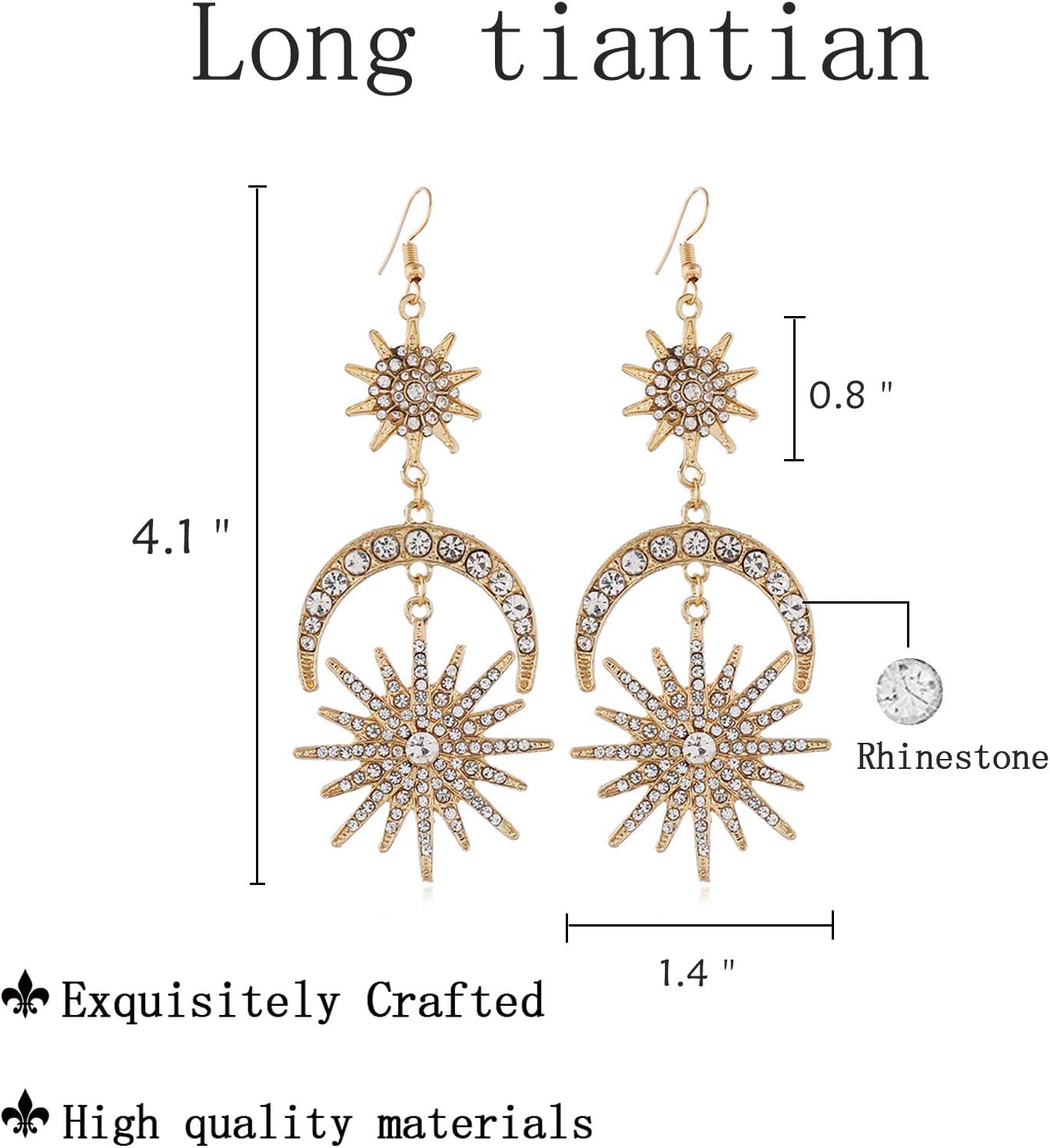 Gold Sun Moon Star Earrings for Women Rhinestone Celestial Dangle Earrings Boho Vintage Hypoallergenic Christmas Jewelry Gifts - Image 2
