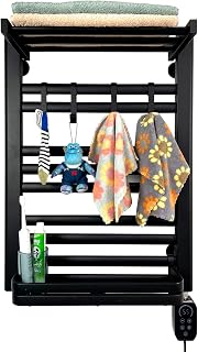 Heated Towel Rack,Wall Mounted Towel Warmer with 1-8Hour Timer & 112-149℉ Temperature Adjustments |Heated Top Shelf 90° Folding | (No Punching of Holes) Black