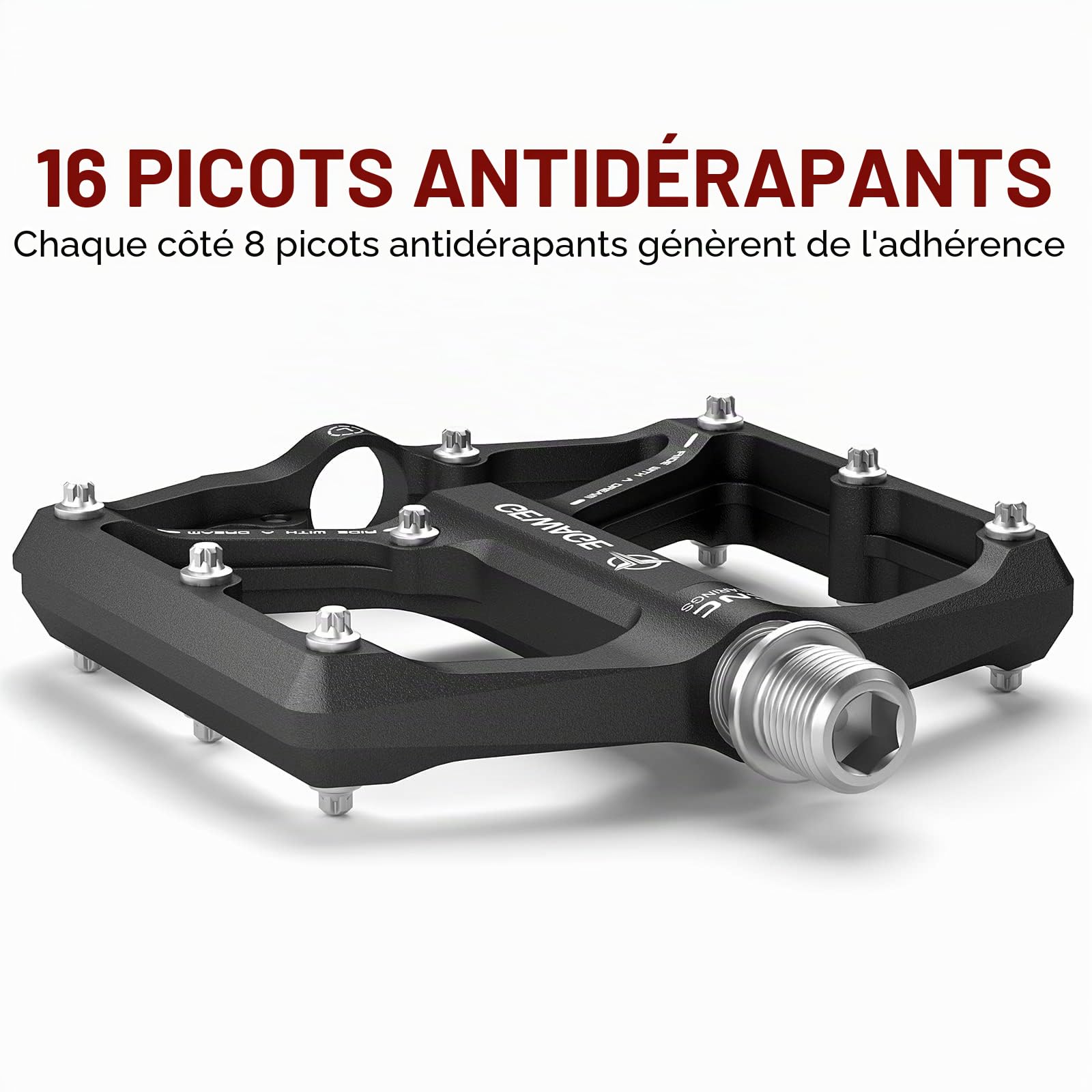 GEWAGE Pédales de vélo Route Montagne 3 roulements Plates usinées CNC 9/16" Clous antidérapants Amovibles
