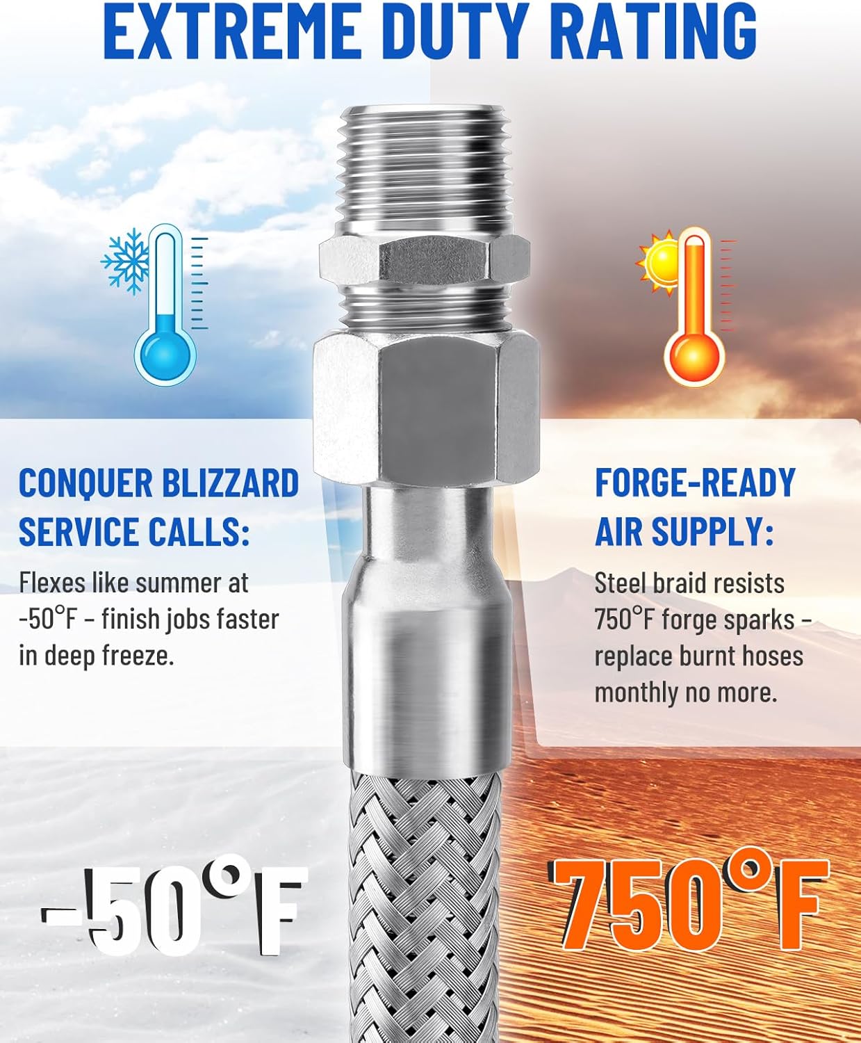 1/2" x 60" Air Compressor Jumper Hose Kit - 1/2" Male NPT to 1/2" Male NPT Swivel Ends - 450 PSI, 750°F Stainless Steel Braided - Industrial Grade