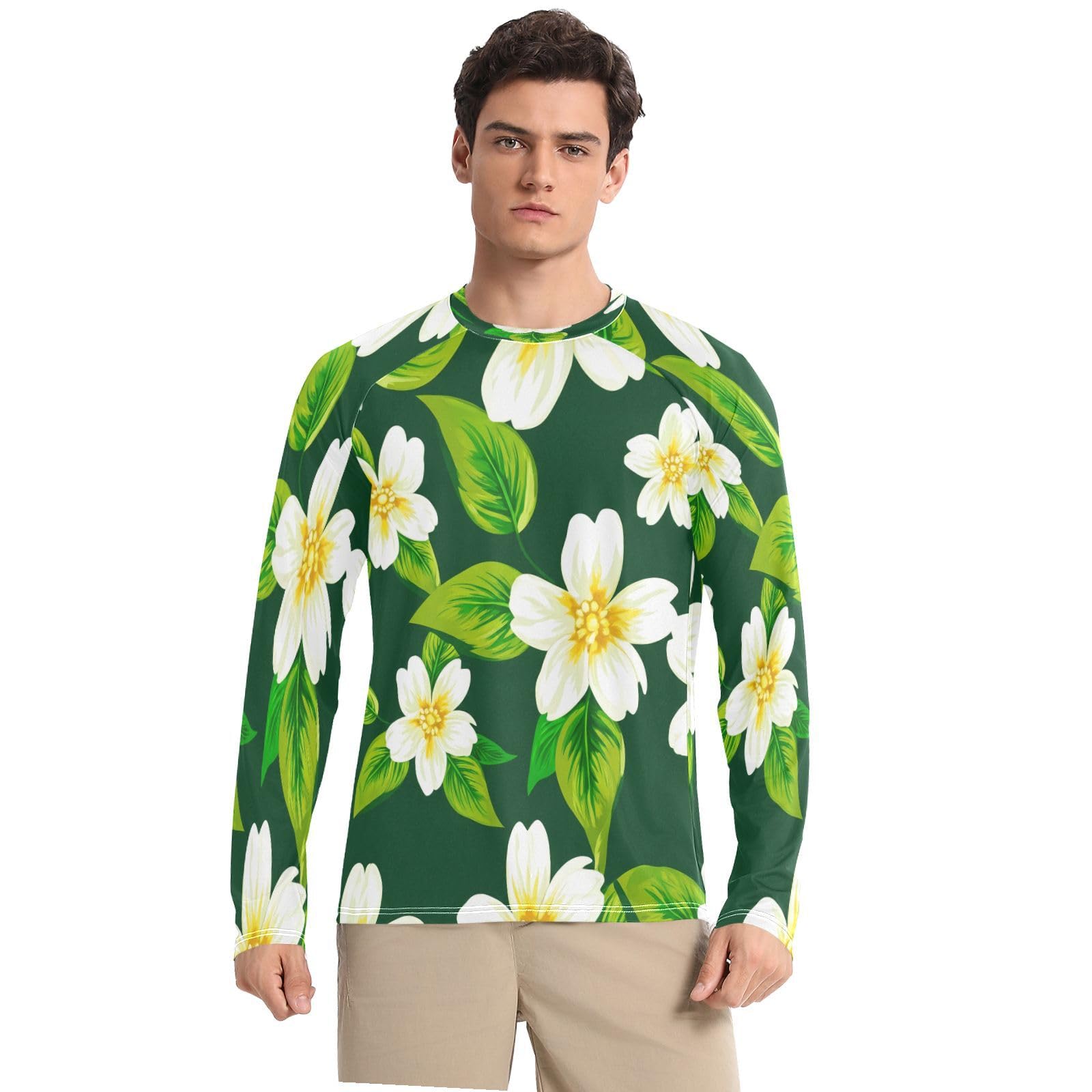 White Flowers Men's Sun Protection Shirts UPF 50+ Long Sleeve UV Rash Guard Quick Dry Swim Shirts-image-0