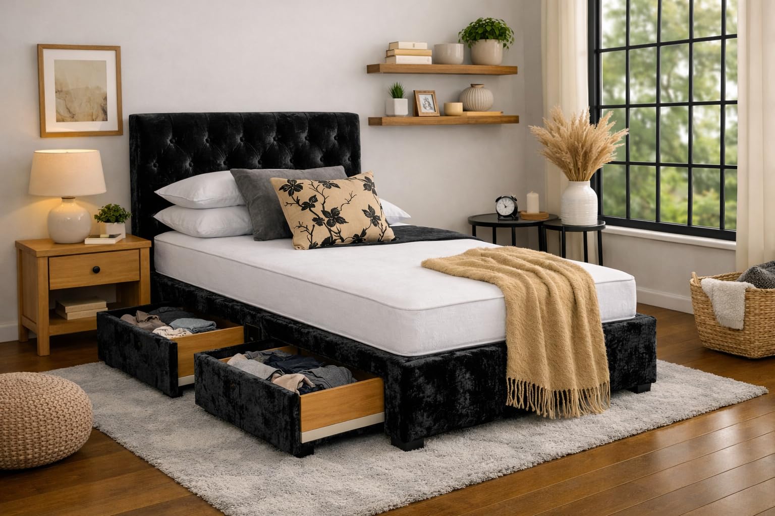 Divan Bed with Mattress | Single 3FT | Choice of Colours | 2 Storage Drawers | Toronto Headboard | Bed Frame with Mattress Included (Black Crushed Velvet)