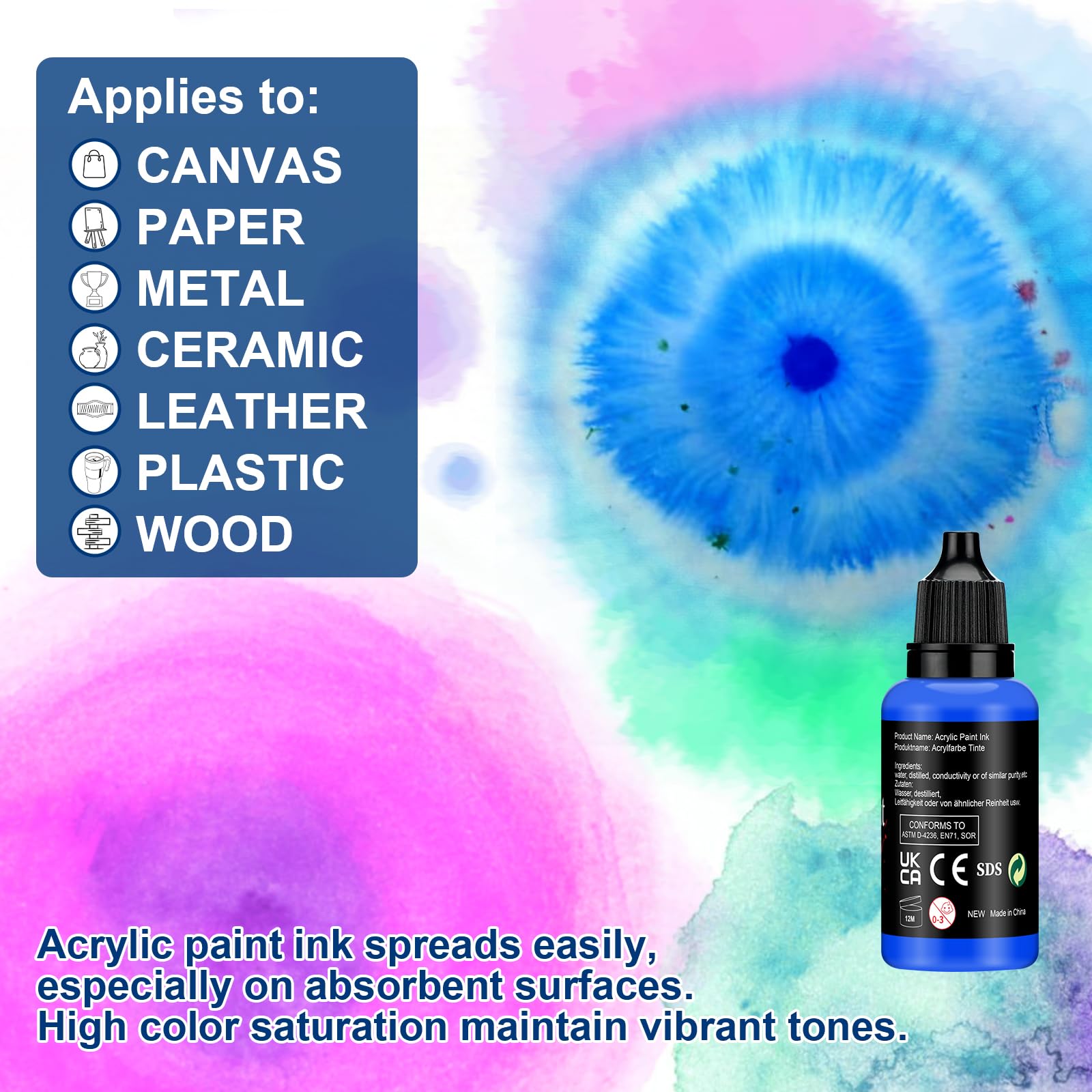 Roizefar Set di Colori Acrilici con 16 Colori (20 ml ciascuno), 2 Pennelli e 1 Tavolozza, Inchiostro Acrilico Permanente per Artisti, Ideale per Principianti, Adulti, Artisti