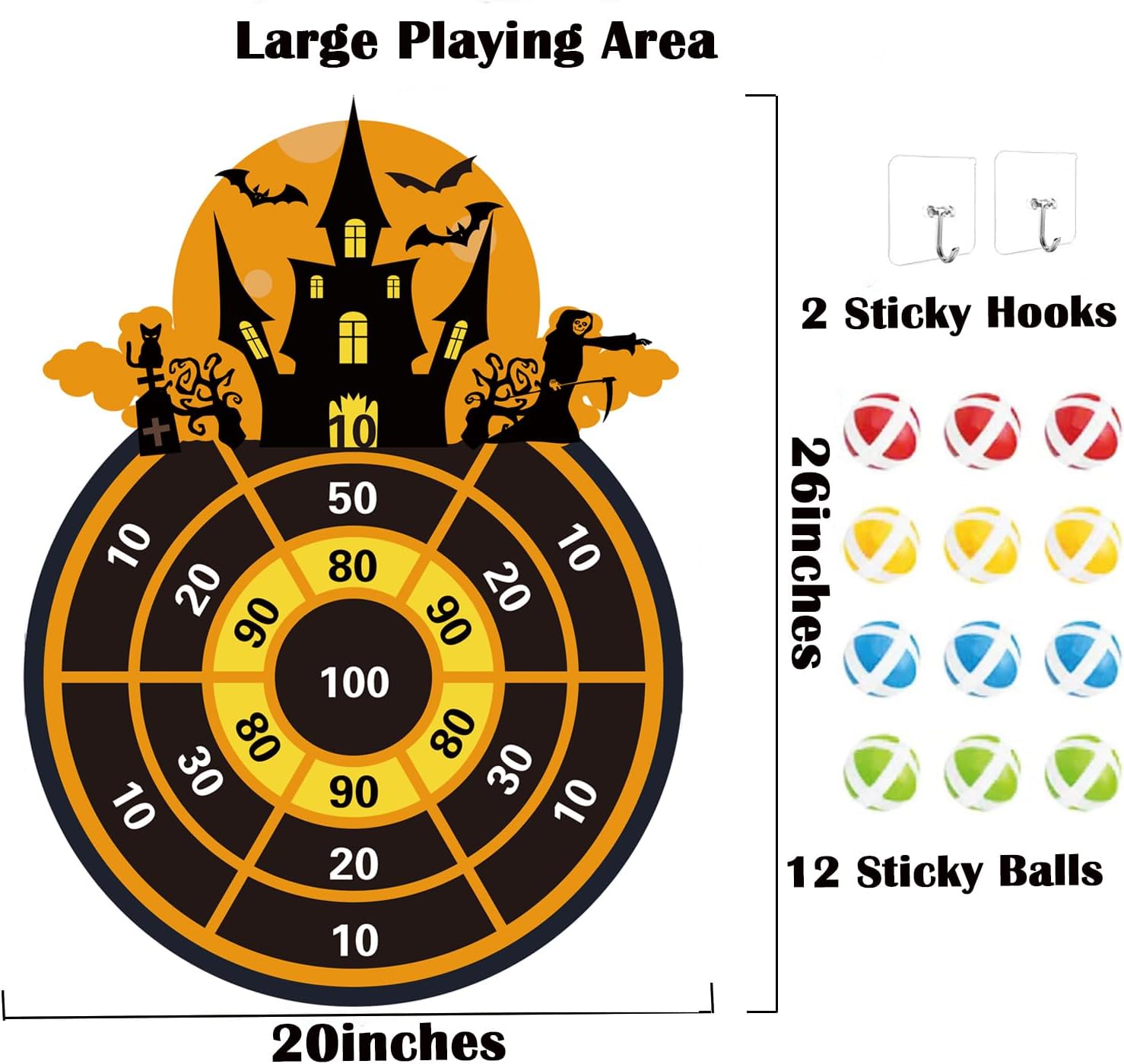 Halloween Dart Board Game 26" with 12 Sticky Balls – Felt Halloween Toys for Kids & Family, Indoor Outdoor Halloween Party Games