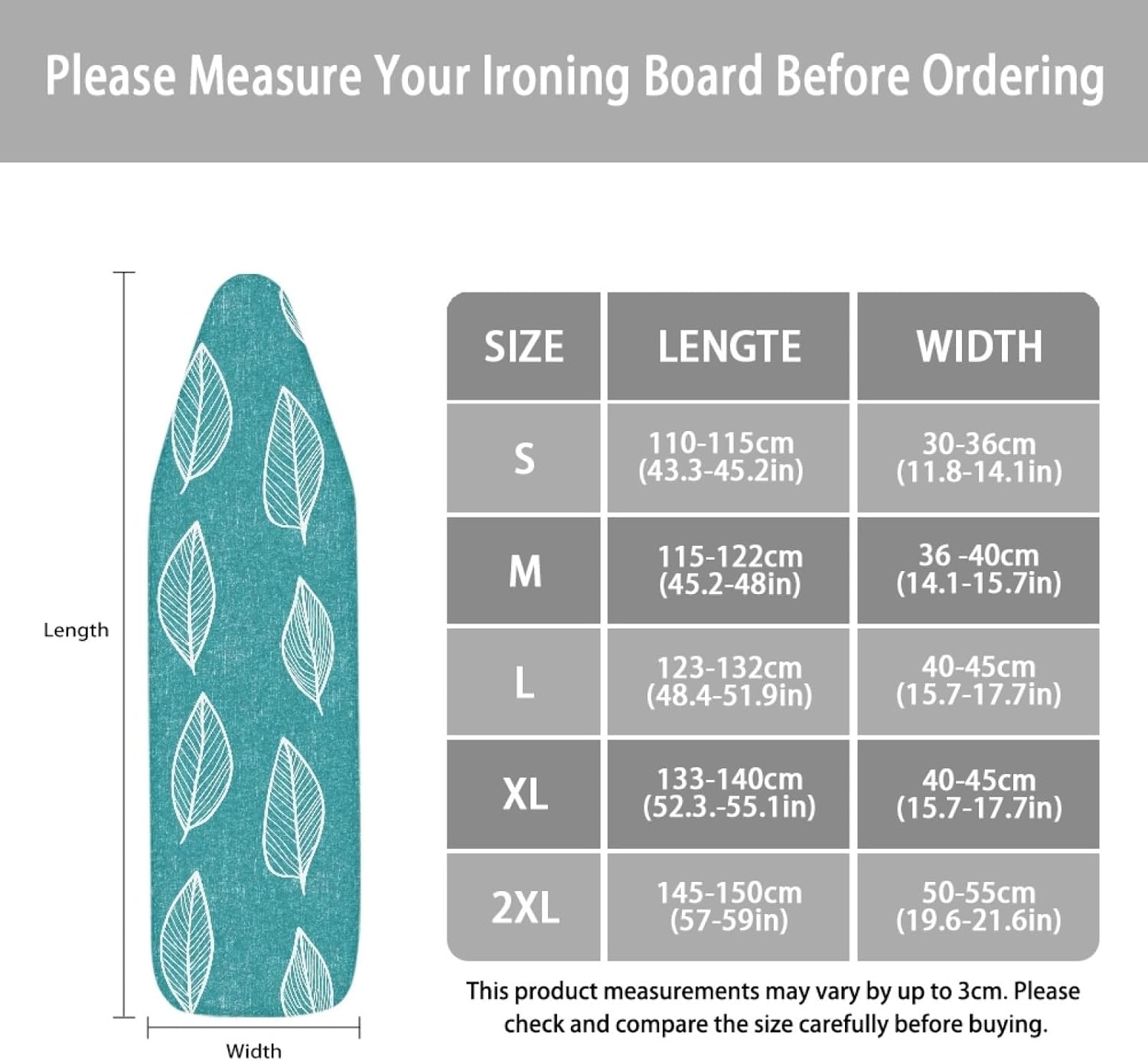 Iron Board Cover with Padding Standard Size Teal Outline Leaf Padded Ironing Board Covers 15x54 Heat Reflective Extra Thick Wide Non Stick Scorch and Stain Resistant Heatproof