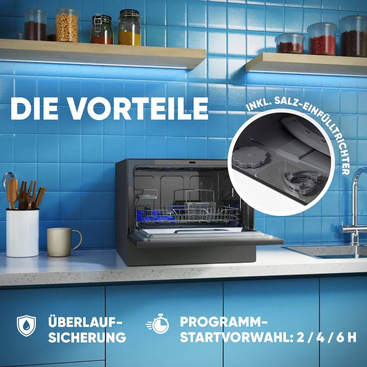 Bomann TSG 7405 Mini Geschirrspüler mit Wasseranschluss, leise, Überlaufsicherung, schwarz