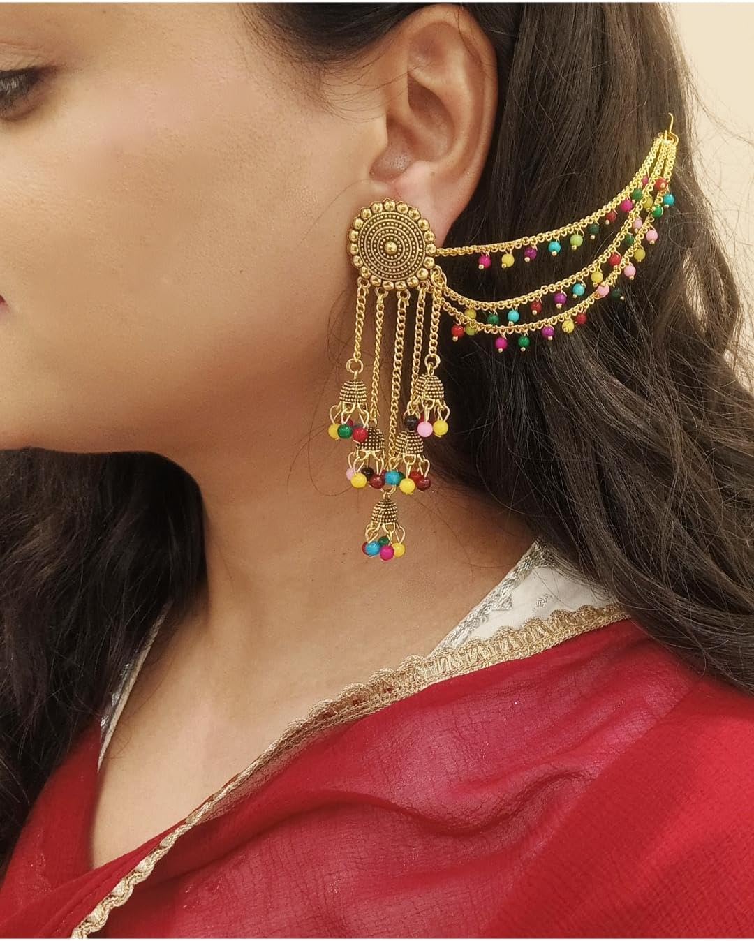 Efulgenz Antique Boho Oxidized Indian Earrings for Women Jhumka Jhumki Tassels Faux Pearl Drop Earrings with Multilayer Ear Chain Jhumka Jhumki Earrings Set Indian Oxidized Jewelry Dangle Earrings Bohemian Statement Jewelry for Women