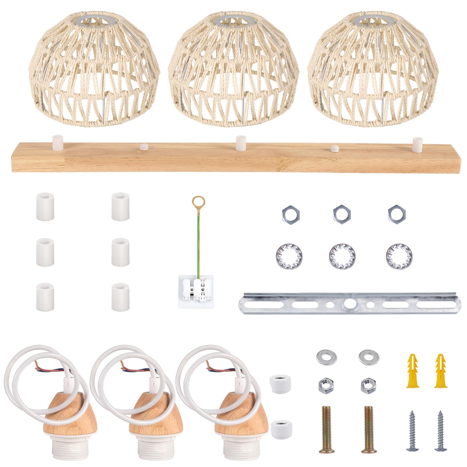 iDEGU Vintage Pendelleuchte 3-flammig Kronleuchter aus Holz Rattan Lampenschirm 20cm E27 Hängeleuchte Dekoration Retro Hängelampe für Esszimmer, Schlafzimmer, Wohnzimmer, Küche (Cremeweiß, Balken)