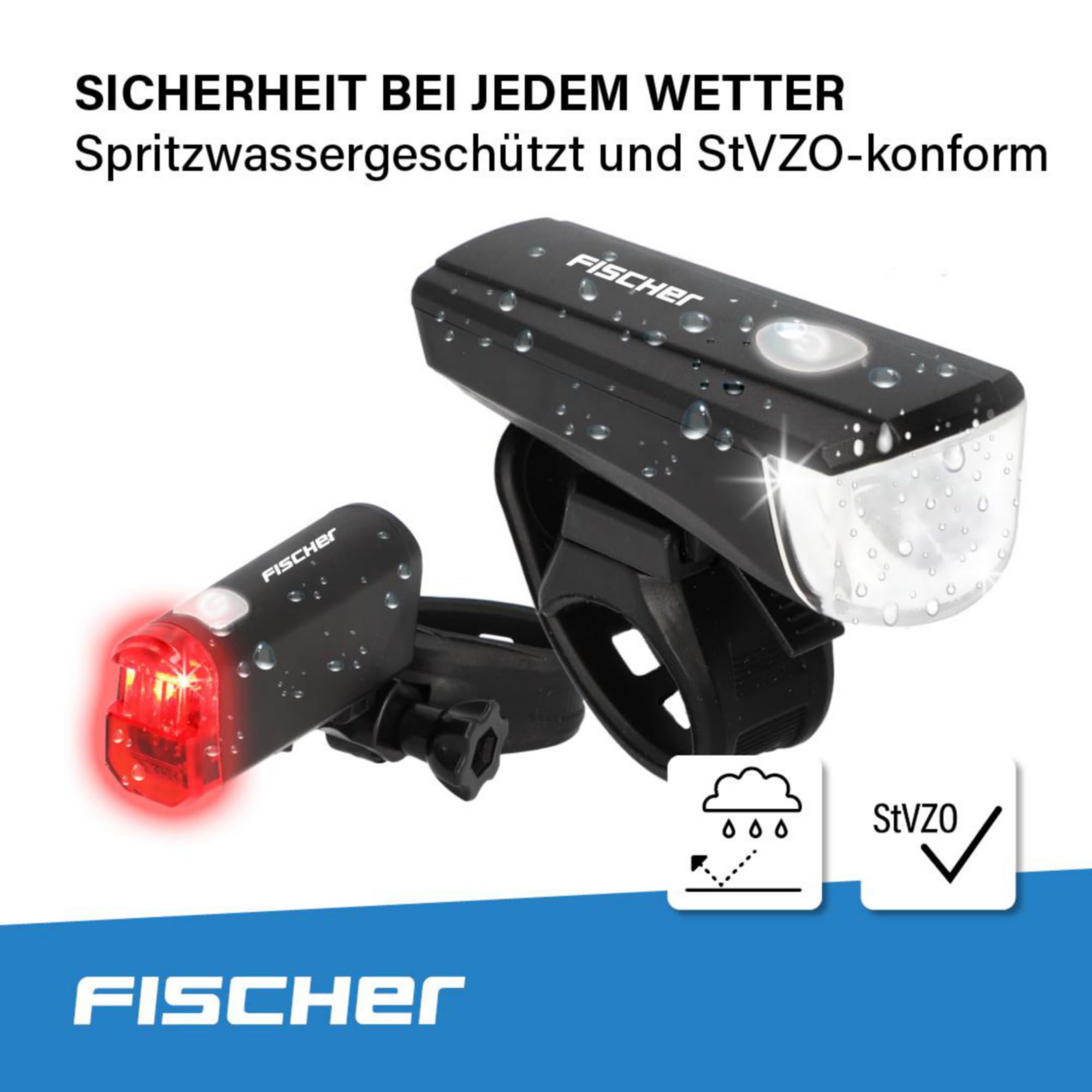 Fischer Zestaw oświetlenia LED do roweru, zestaw oświetleniowy z technologią LED, ochrona przed rozbryzgami wody, czarny, 1 sztuka