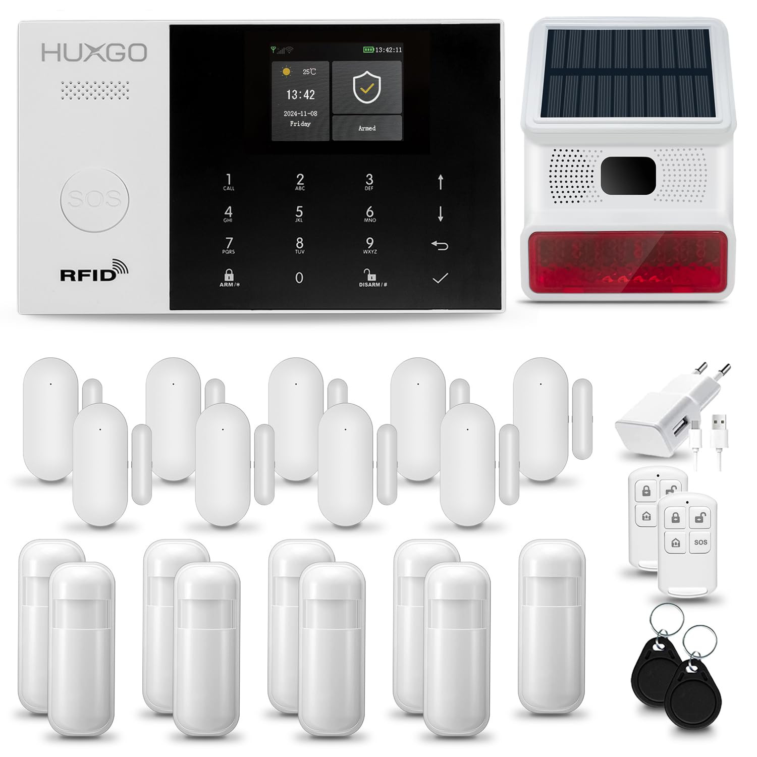 HXA005 Home Alarm with Outdoor Siren WiFi + GSM 4G | Wireless Home Alarm Kit with 9 x PIR Motion Sensors, 9 x Door/Window Sensors | Your App with Mobile Notice