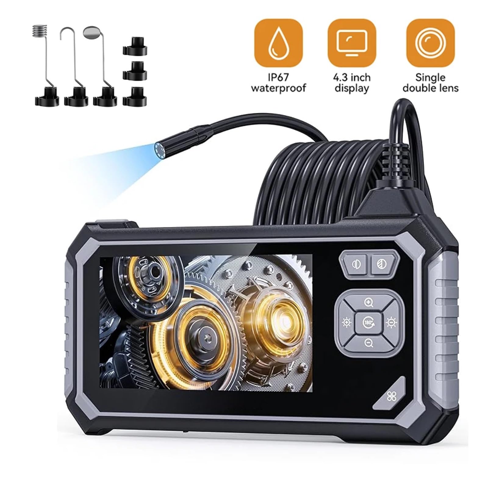Single & Dual Endoscope Camera 4.3'' Car Inspection Borescope IP67 Waterproof HD1080P 8mm Video Pipe Sewer Camera For Automotive(10m,Single Lens)