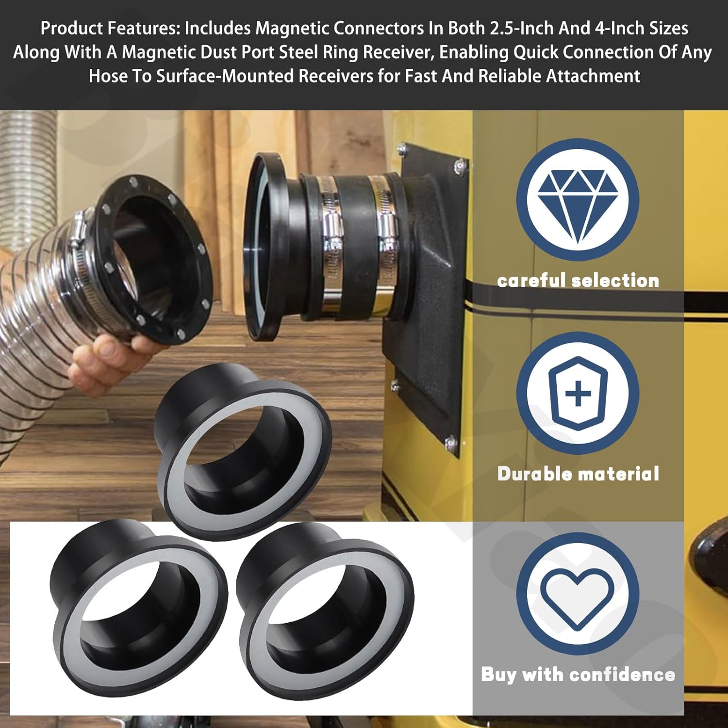 4" Magnetic Dust Collection Fittings for Dust Collectors, 4" & 2.5" Woodwork Shop Vacuums Dust Hose - w/Mag Port Connector & Couplers Enable Quick Switching Of Hoses Between Devices
