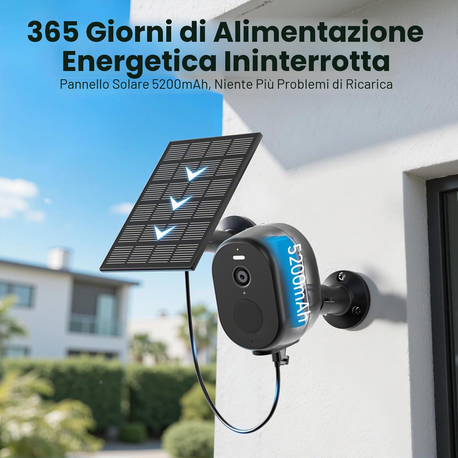 Woox Telecamera Pannello Solare Esterna 2.5K 4MP, Telecamera WiFi Esterno Senza Fili con Batteria Integrata, Visione Notturna a Colori, Rilevamento PIR Persone, IP65, 2.4GHz