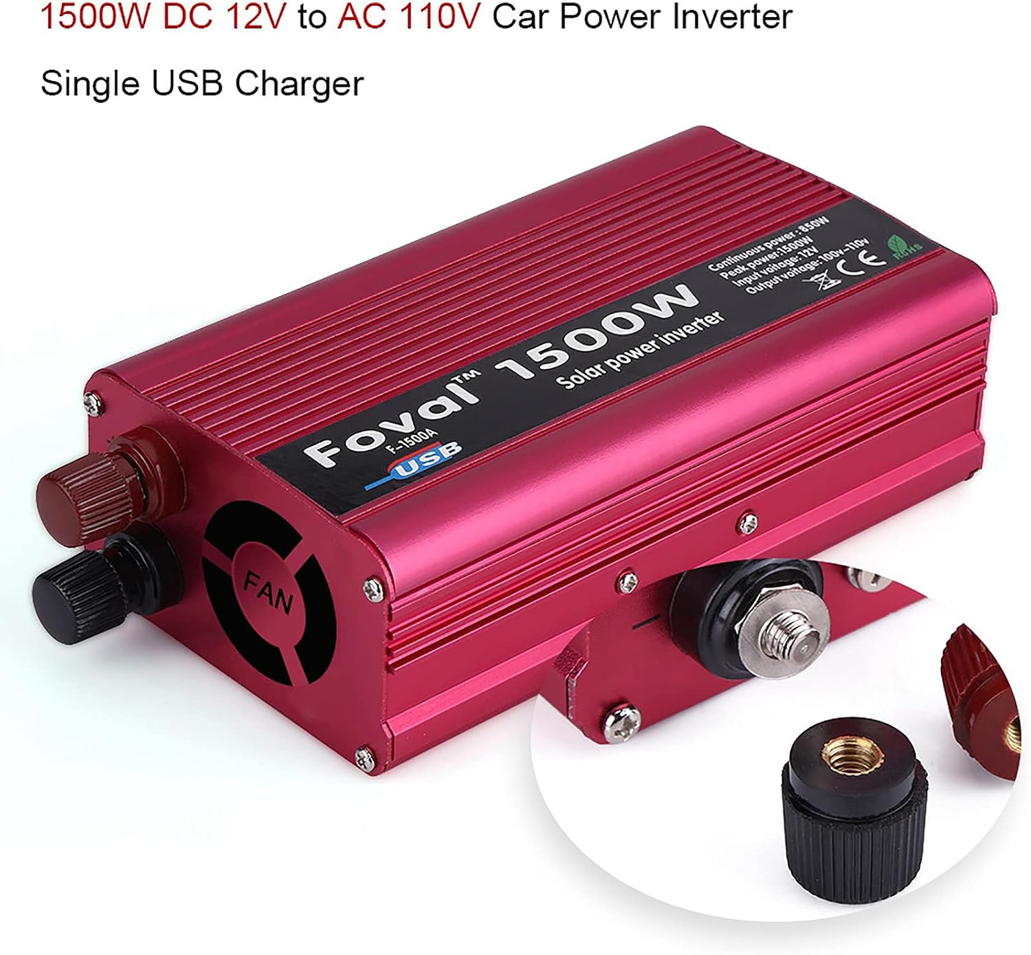 1500W DC 12V to AC 110V High Powder Car Power Converter Inverter Dual USB Adapter with USB Ports Long Cord Cigarette Plug Cable and Battery Clip Cable