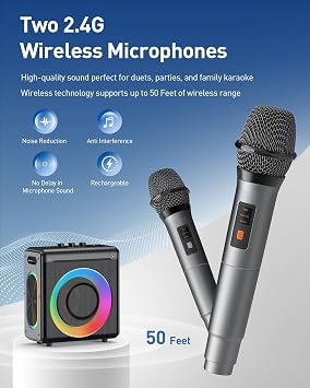 Karaoke Machine with 2 Microphones: Portable Bluetooth Speaker for Adults & Kids - PA System with Lights Supports TWS/TF Card/USB/AUX for Home Party-Stage Subwoofers
