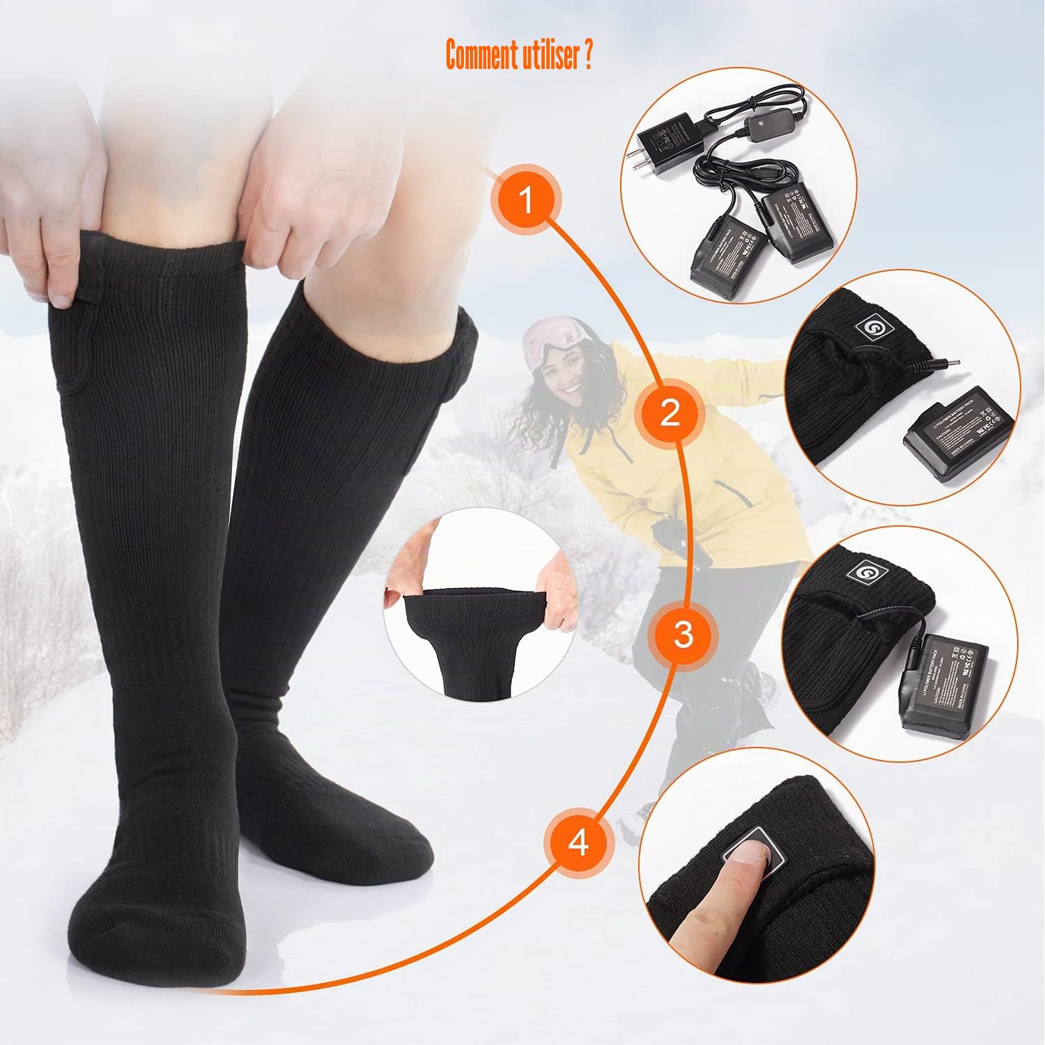 Chaussettes chauffantes pour Homme et Femme, SAVIOR HEAT Chaussettes de Ski Longues et épaisses avec Batterie Rechargeable électrique pour l'hiver la randonnée Camping Moto Cyclisme Courir