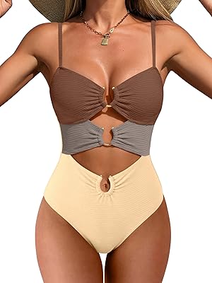 ANRABESS Women One Piece Swimsuits Sexy Cutout Full Coverage Bathing Suit Ring Link Ruched Monokini Beach Swimwear