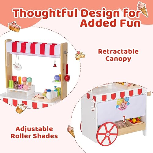 Miniatura 3 de BRINJOY Carrito de helado 2 en 1 para niños, juego de tienda de comestibles de madera con 15 accesorios de juego y estantes de exhibición, juguete