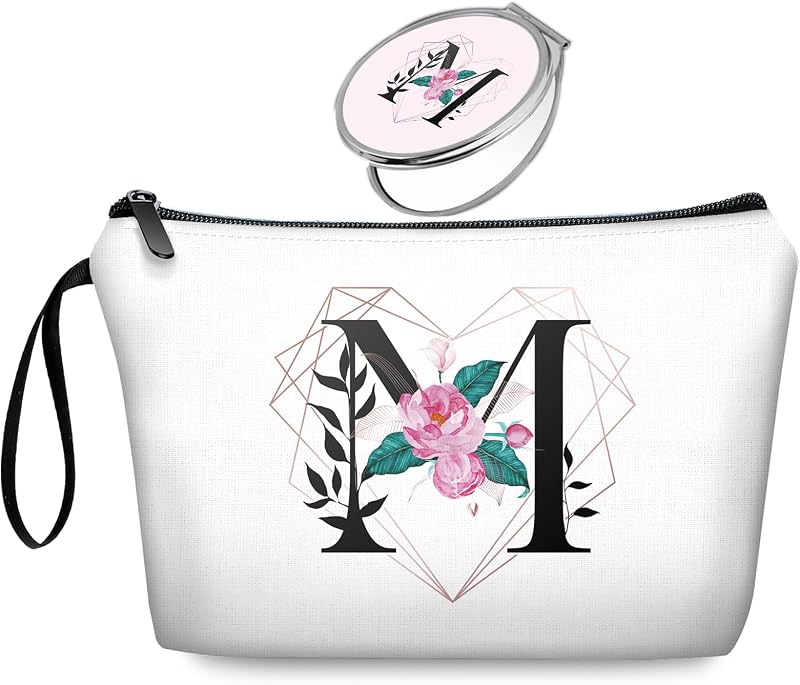 Necessaire de maquiagem JIEXAGEZOS com estampa de letra M e espelho, Pacote com 2