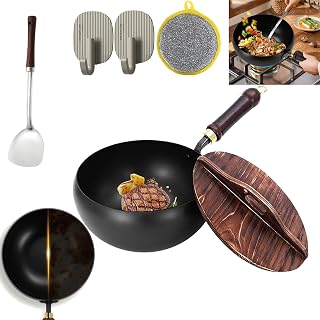 Suntuup Japanese Iron Pan, 9.45In Suntup Uncoated Iron Pan, Uncoated Thick Ir-on Pot, Suntup Frying Pans, Non-Stick, with Lid and Spatula, for Cooker Gas Stir Fry Pans (24cm Smooth Pattern+Wooden Lid)
