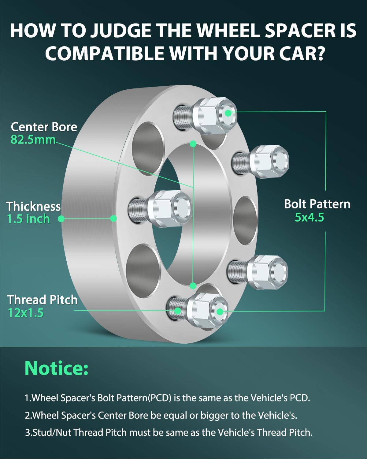 SCITOO 4Pcs 5x4.5 Wheel Spacers 1.5 inch Thread Pitch 12x1.5 Hub Bore 82.5mm 5 Lug Wheel Spacers Fit for Sebring Fusion for Veloster Genesis Coupe Genesis Tucson Santa Fe Tiburon XG350