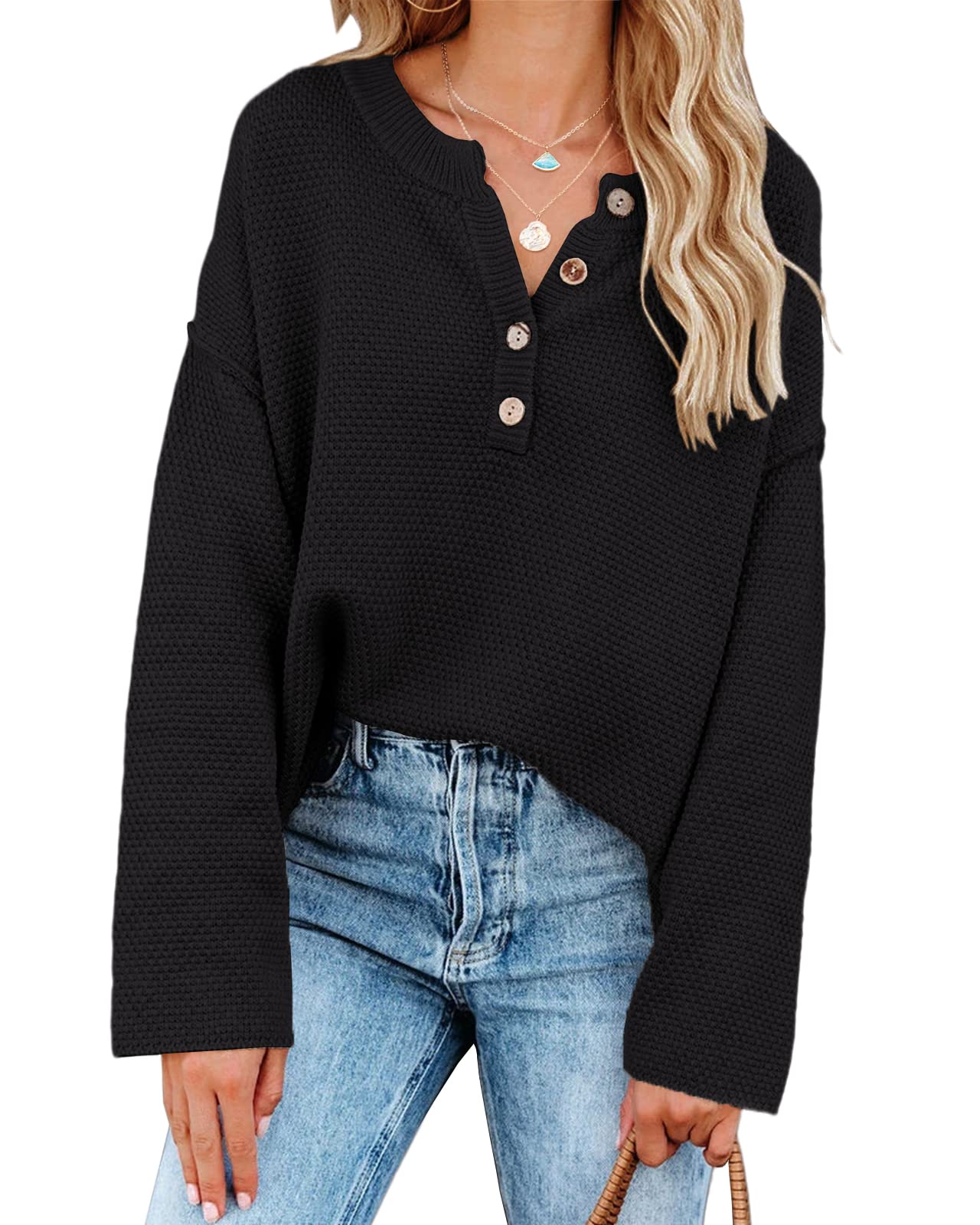 Saodimallsu Women's Oversized Sweaters Batwing Long Sleeve Loose V Neck Button Henley Tops Pullover Knit Jumper