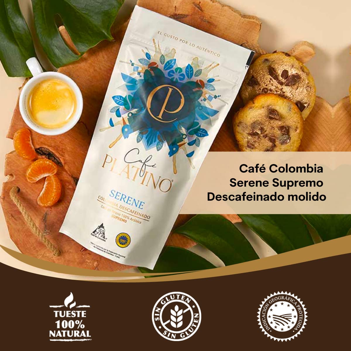 Café Platino Serene - Pack 2 sobres de 250g - Café Gourmet Molido Descafeinado de Colombia Supremo - 100% Arábica