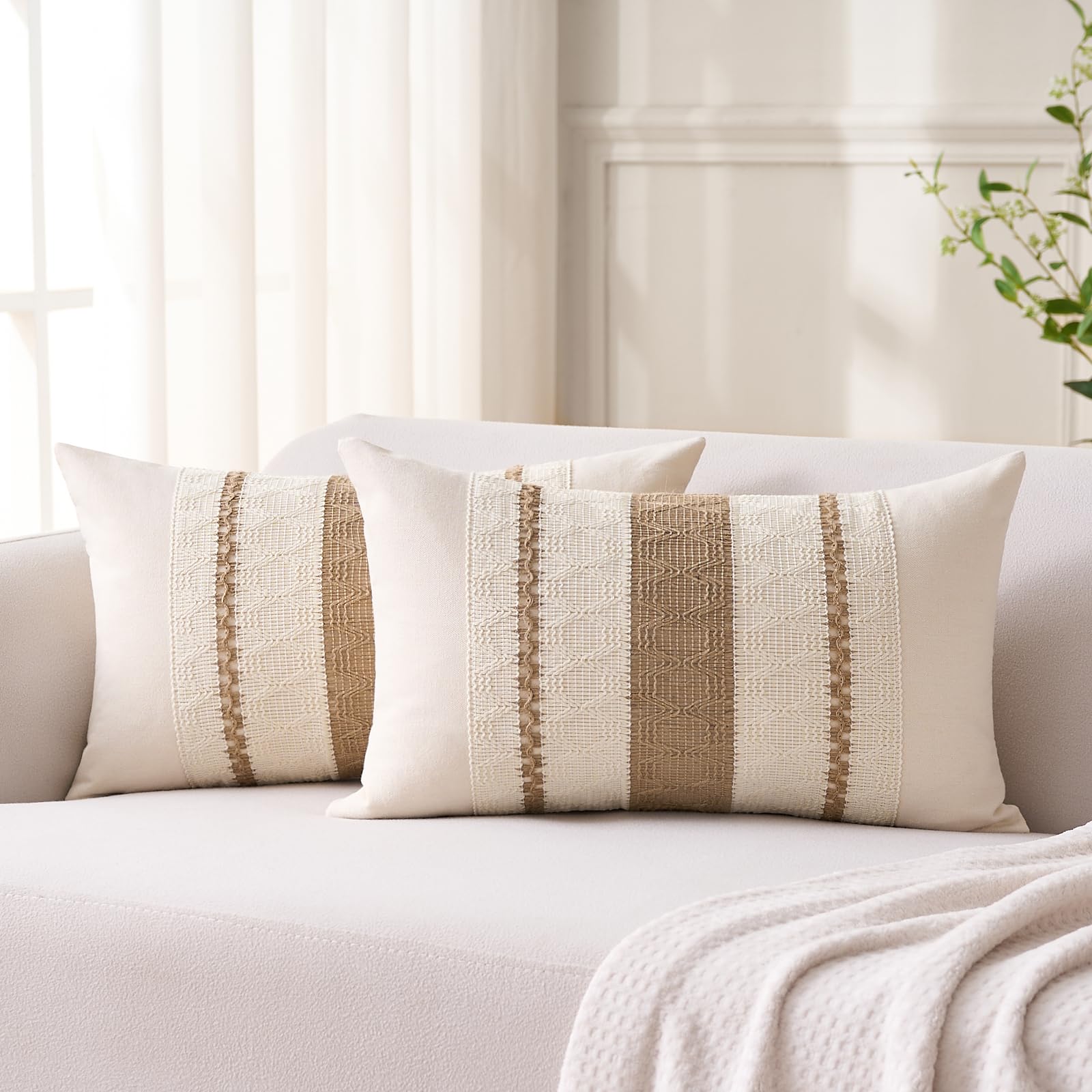 Cushion Covers Brown Boho Striped Geometric Decorative Cotton Pillowcases 30x50 cm Autumn Rustic Farmhouse Sofa Cushion Cover Set of 2 with Smooth Invisible Zip for Home Decor Sofa Bedroom Car — image 1