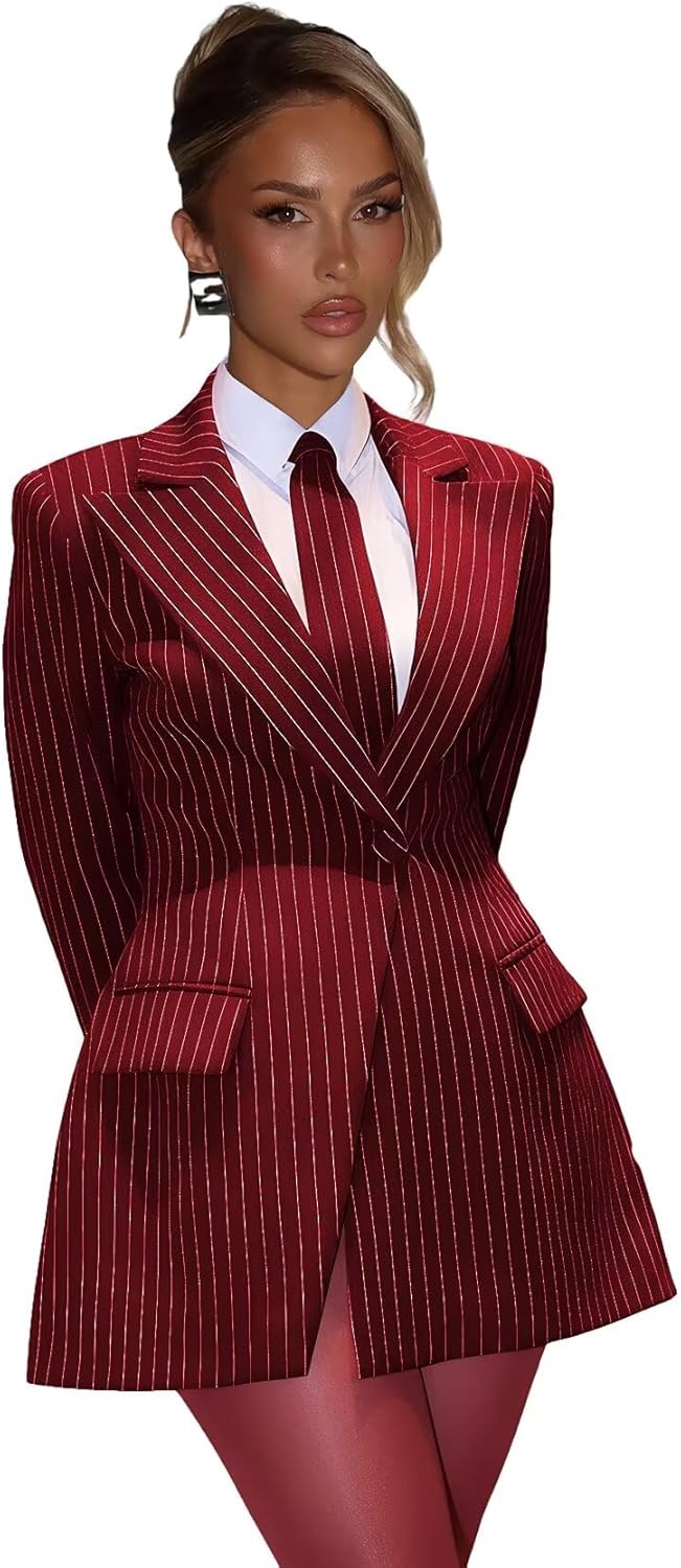 Pinstripe Blazer Dress for Women Sexy Elegant V Neck Womens Blazer Dress 1 Button Long Sleeve Jacket Dresses - Image 6