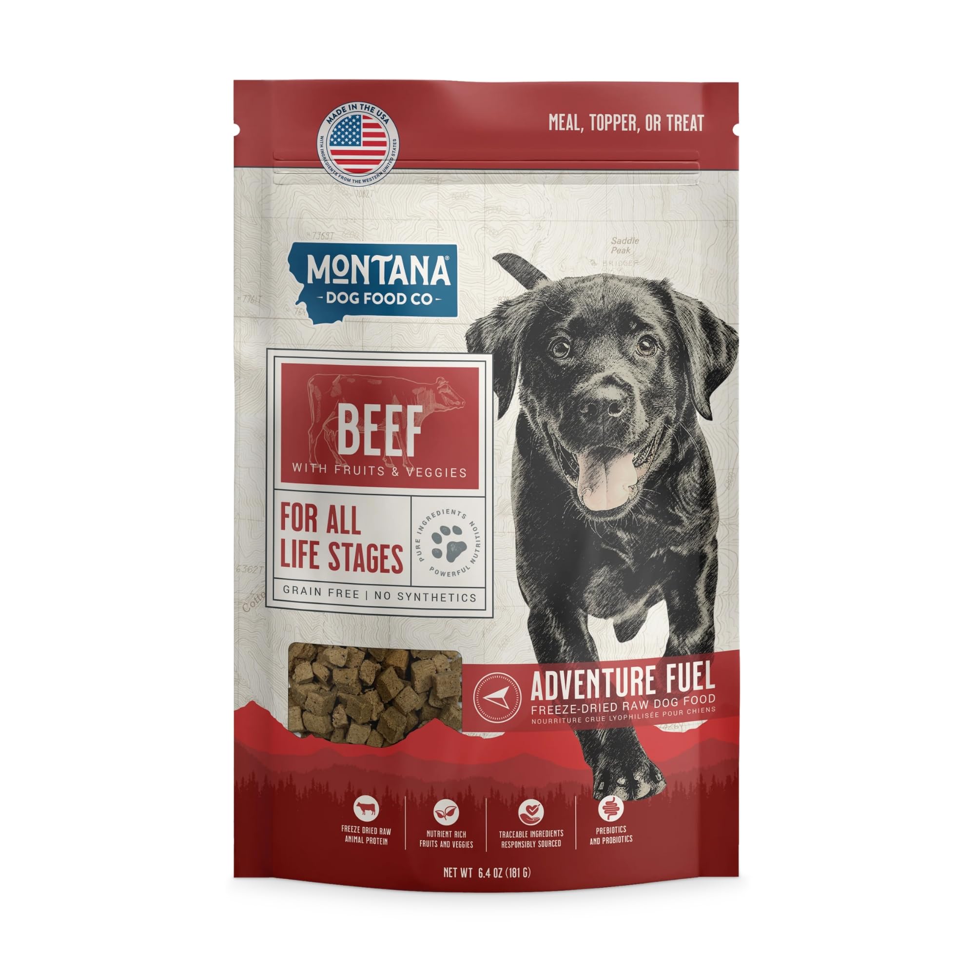 MONTANA DOG FOOD CO. Freeze-Dried Raw Beef Recipe Dog Food – Grain-Free, High-Protein Meal or Topper, Made in USA with USA Ingredients -6.4 oz Bag