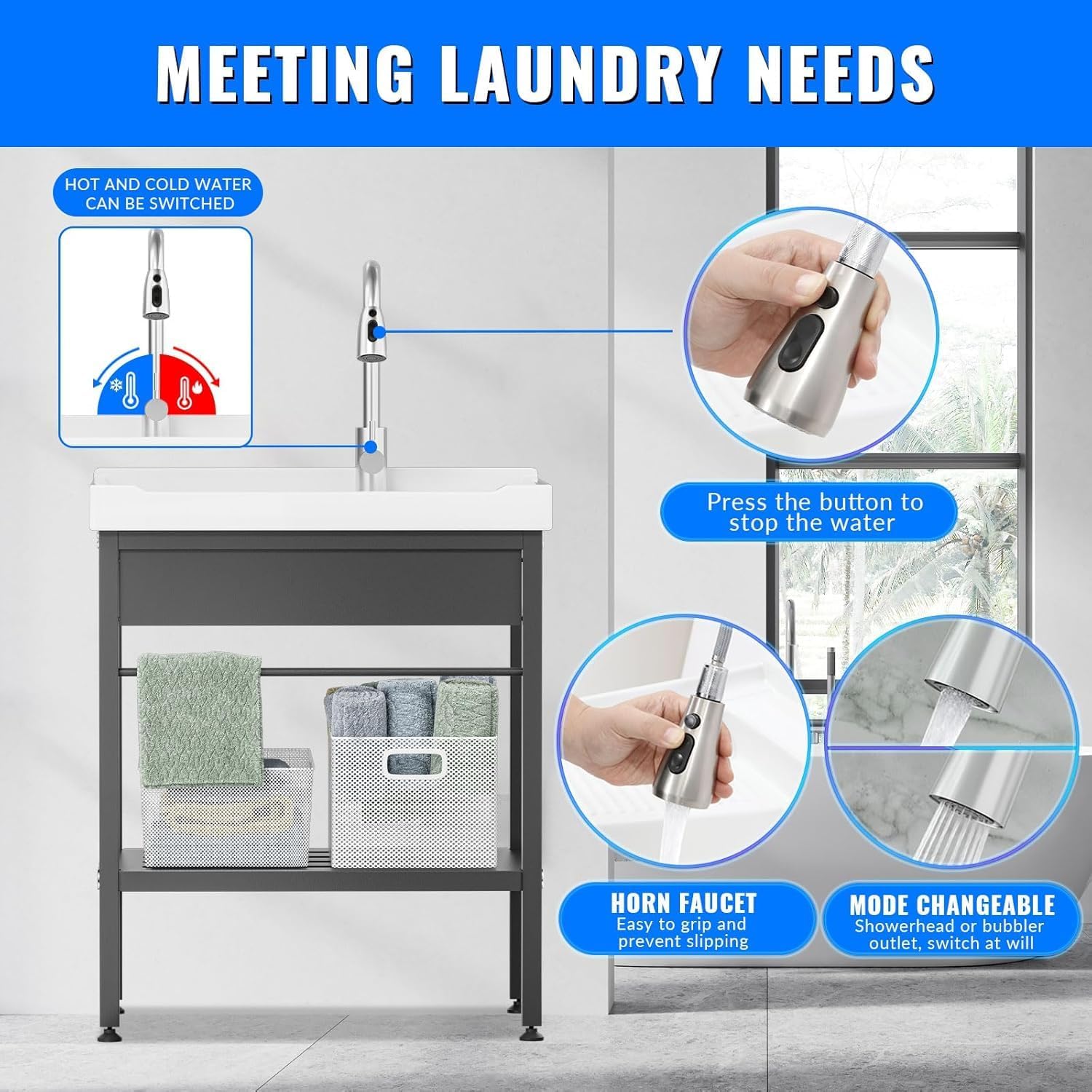 28inch Laundry Room Sink,Ceramic Utility Sink with Washboard Set,Freestanding Sink with Cold and Hot Water Faucet, Hoses and Drain Kit for Laundry Room, Basement, Outdoor and Indoor