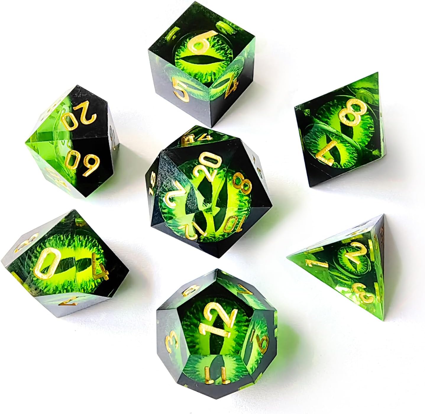 BESCON Dragon's Eye Sharp Edged Polyhedral Dice, Handmade Dragon's Eye Dice for Role Playing Game (Green Eye Set)