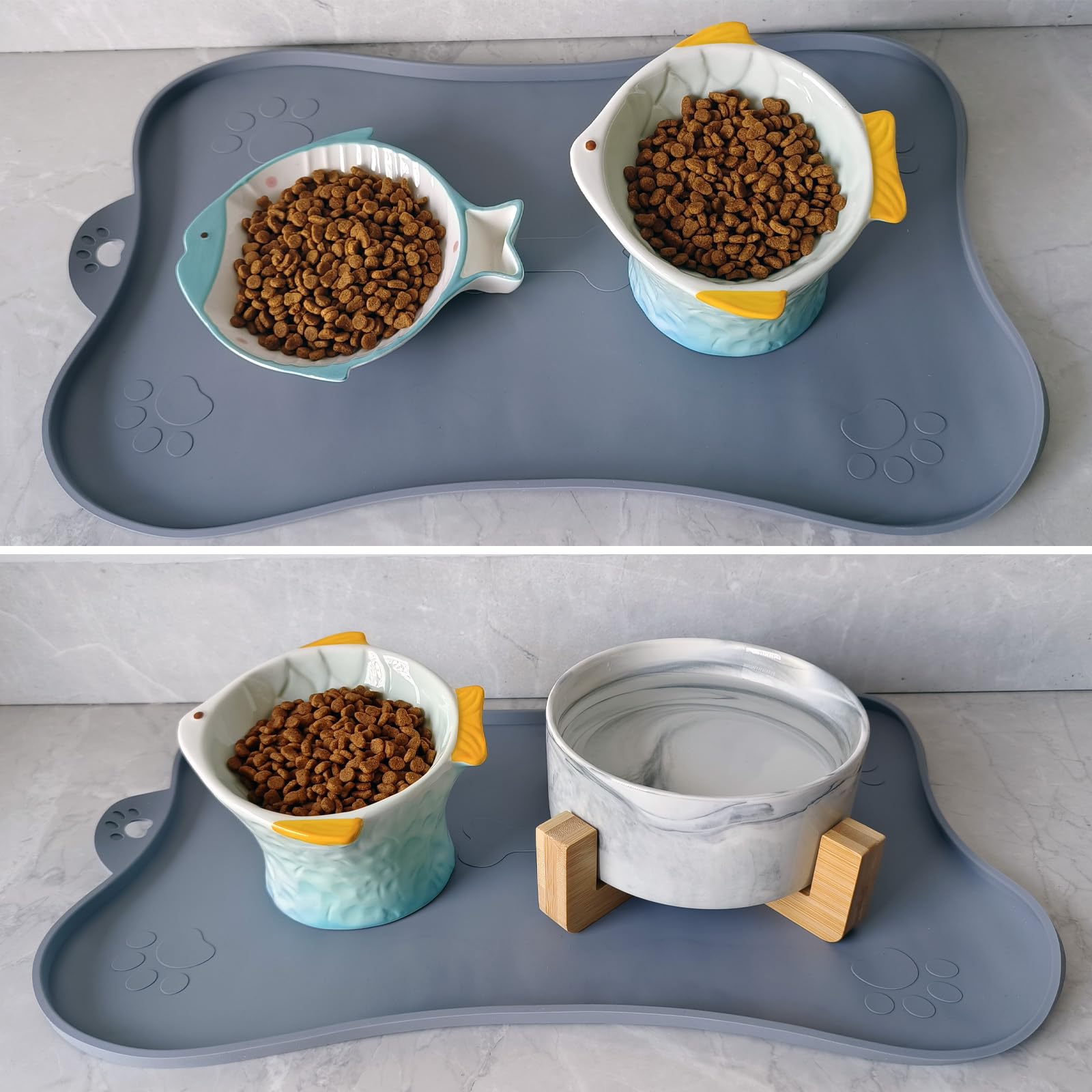 Pochylona ceramiczna miska na karmę dla kotów, podwyższone, skośne naczynie w kształcie ryby, ergonomiczny podajnik zapobiegający wymiotom dla kociąt, idealny do suchych i mokrych smakołyków