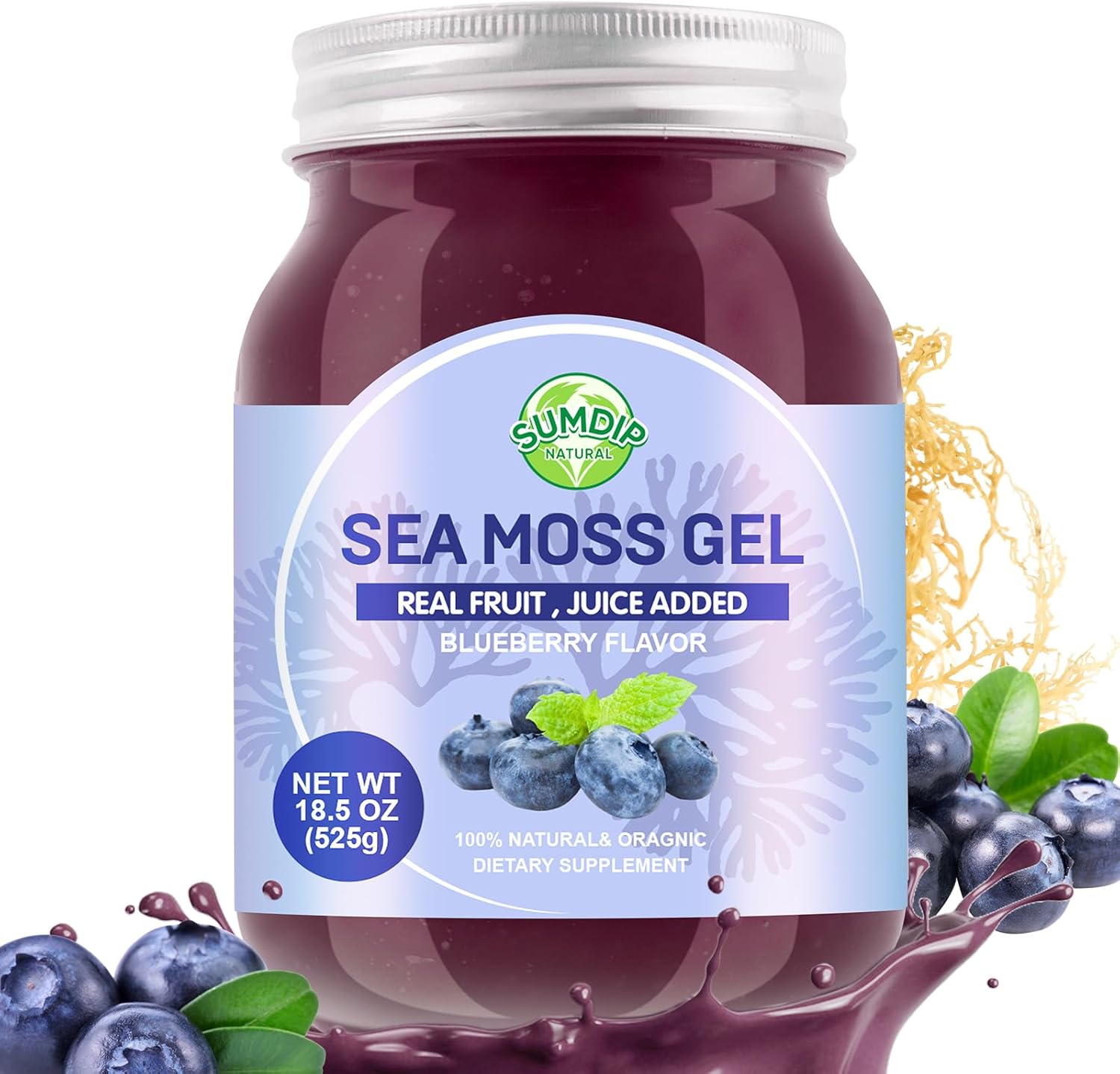 Sea Moss Gel, 18.5OZ Organic Raw Flavored Irish Seamoss Gel Immune and Digestive Support Vitamin Mineral Antioxidant Supplements, Blueberry
