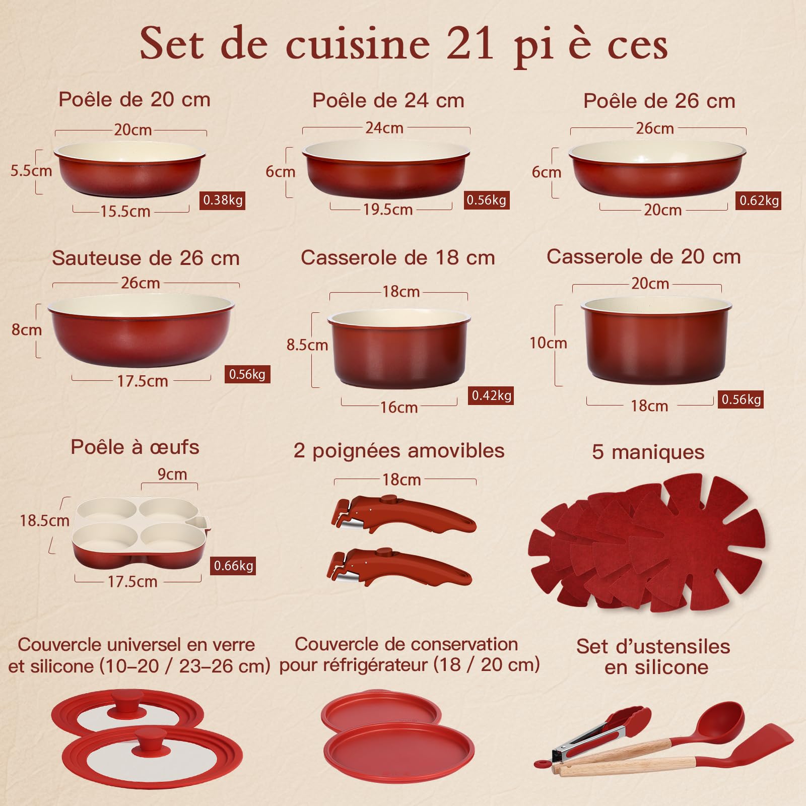 GiPP 21 PièCes Batteries Cuisine Antiadhésive Non Toxique, Poignée Amovible | Poele Induction Tout Feux, Robuste et Facile à Nettoyer, Compatible Lave-vaisselle et Fours, Pot de Camping Empilable, Rouge
