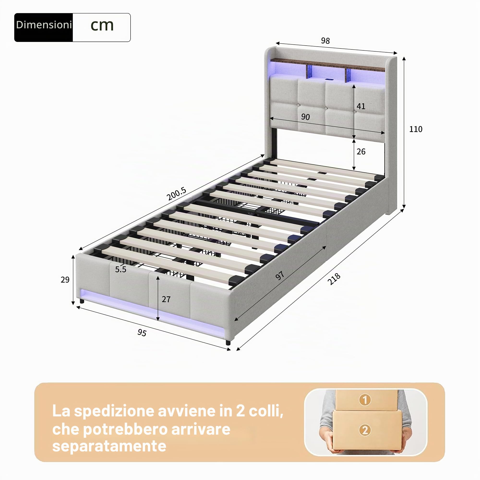 Letto singolo 90 x 200 cm con 2 cassetti, letto imbottito con testiera LED e USB/tipo C, letto per ragazzi 90 x 200 cm, struttura letto con cassetti e rete a doghe