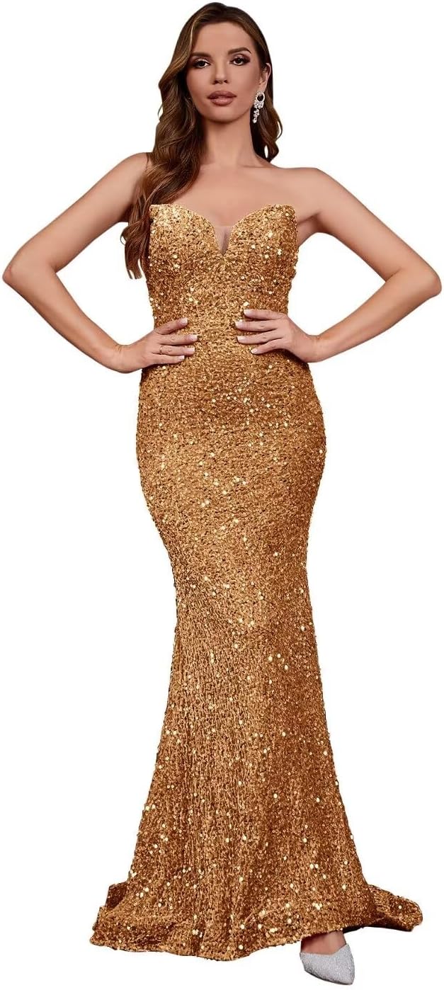 Sequin Evening Dresses for Women Formal Sexy Long Prom Party Gowns Mermaid Sparkly V-Neck Homecoming Dress