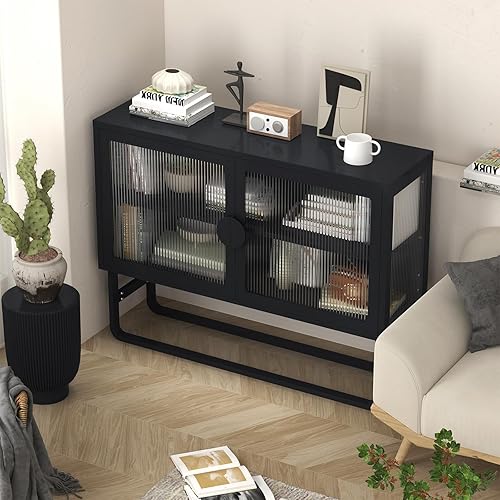 Miniatura 7 de LUMISOL Aparador buffet, elegante armario de vidrio templado con 2 puertas de clase acanaladas y estante ajustable, aparador moderno con patas en