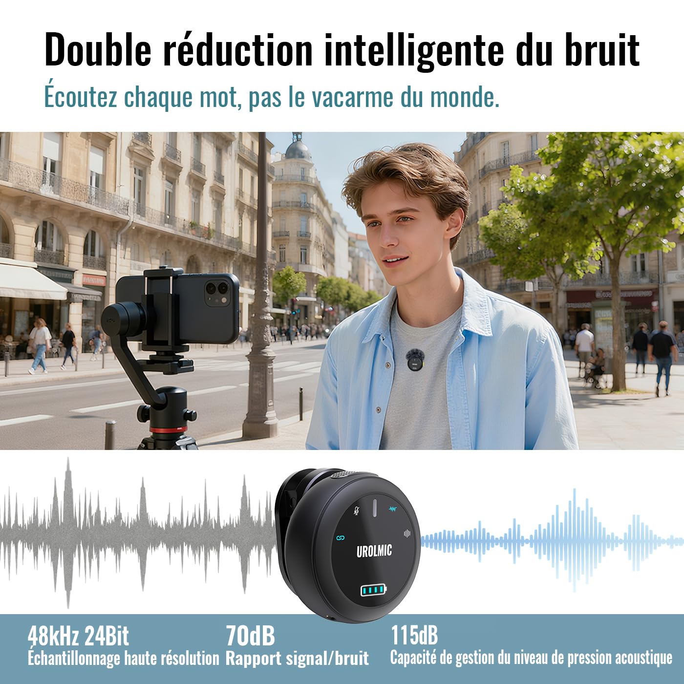 Micro Cravate Sans Fil 2-en-1 Compatible iPhone Android, Autonomie 40h, Portée 55m, Réduction du Bruit, Fixation Magnétique, pour Enregistrement Podcast