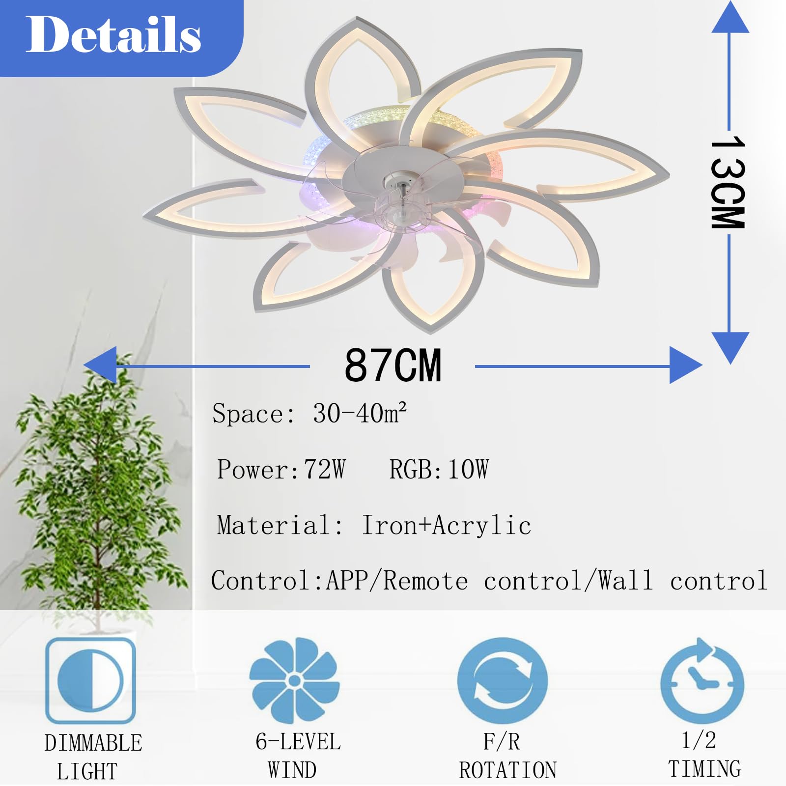 RGB Bluetooth Luces de Ventilador de Techo, LED Regulable Mute Iluminación Moderna con Mando a Distancia Adecuado para Dormitorio Salón Cocina Habitación Infantil Fiesta Blanco -87CM