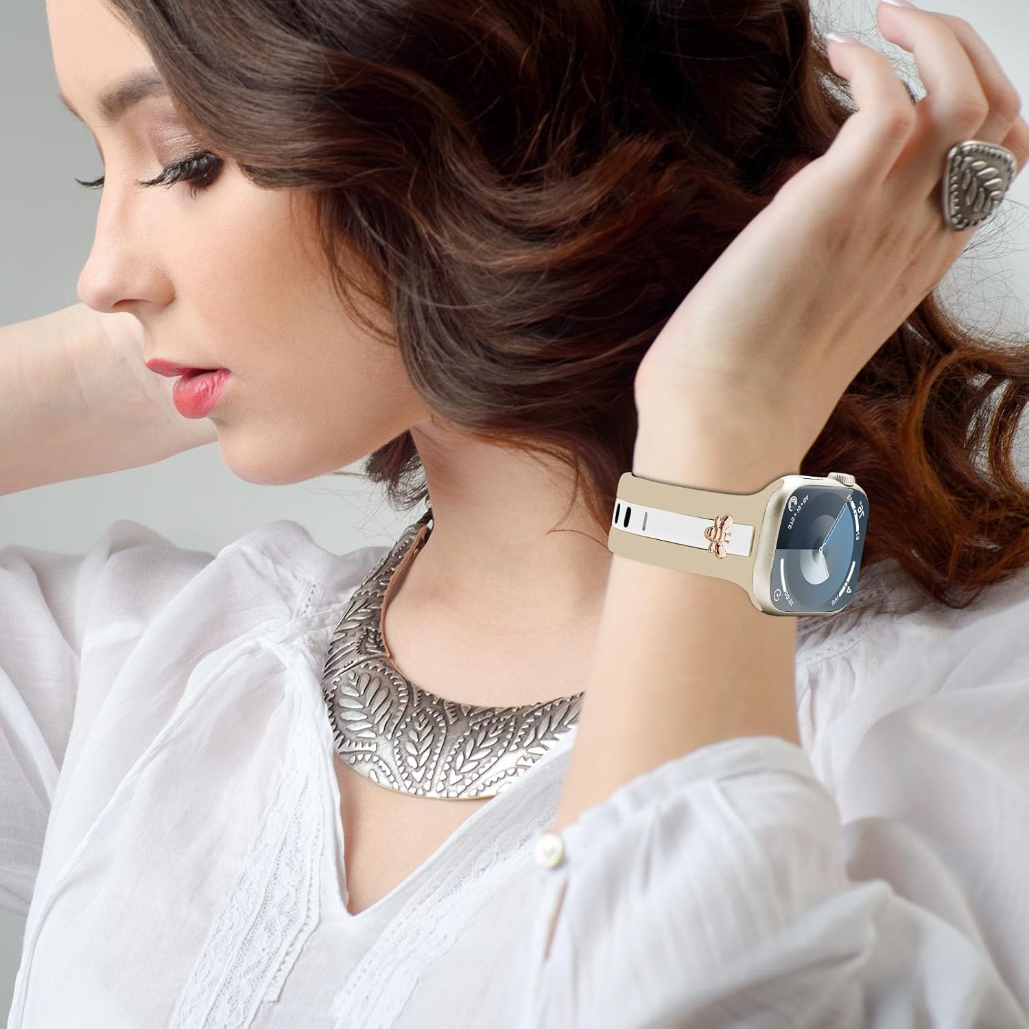 Silicone Strap for Apple Watch Bands 40mm 38mm 41mm 42mm, Stylish Bracelet with Cute Honey Bee Charms for iWatch Series 11 10 9 8 7 6 5 4 3 SE, Designer Sport Wristbands for Apple Watch Band Women Nude - Image 4