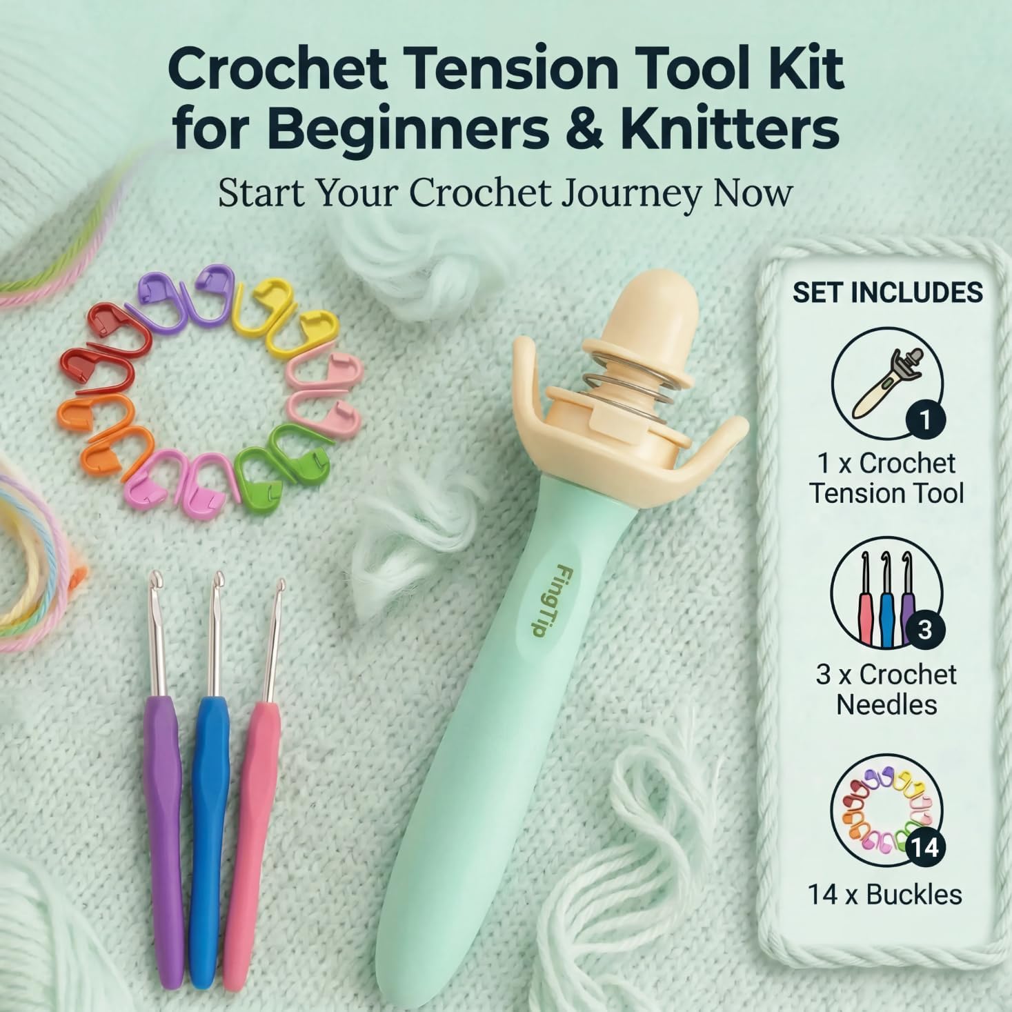 FingTip Crochet Tension Tool Kits for Beginner, Ergonomic Yarn Guide Holder, Comfort Grip Handle for Left & Right Hander, Portable Crochet Accessories Gifts for Crocheters & Knitters(Green)